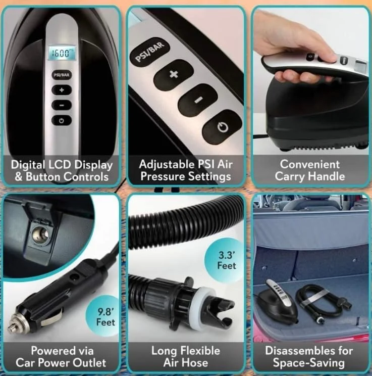 پمپ باد برقی دیجیتال | نمایشگر LCD | پمپ باد چند منظوره 16 PSI | مناسب برای وسایل بادی ورزش های آبی | 110 وات | PSI قابل تغییر 0-16 | آداپتور فندکی خودرو