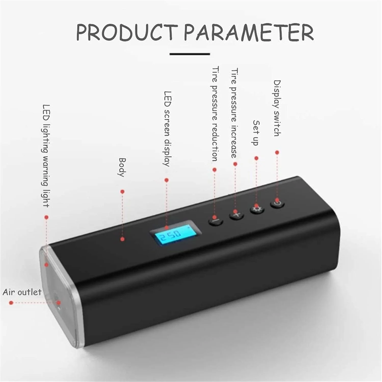 کمپرسور هوای قابل حمل، پمپ باد شارژی بی سیم برای لاستیک خودرو و دوچرخه با فشارسنج، خاموش شدن خودکار، چراغ LED دیجیتال بی سیم هوشمند