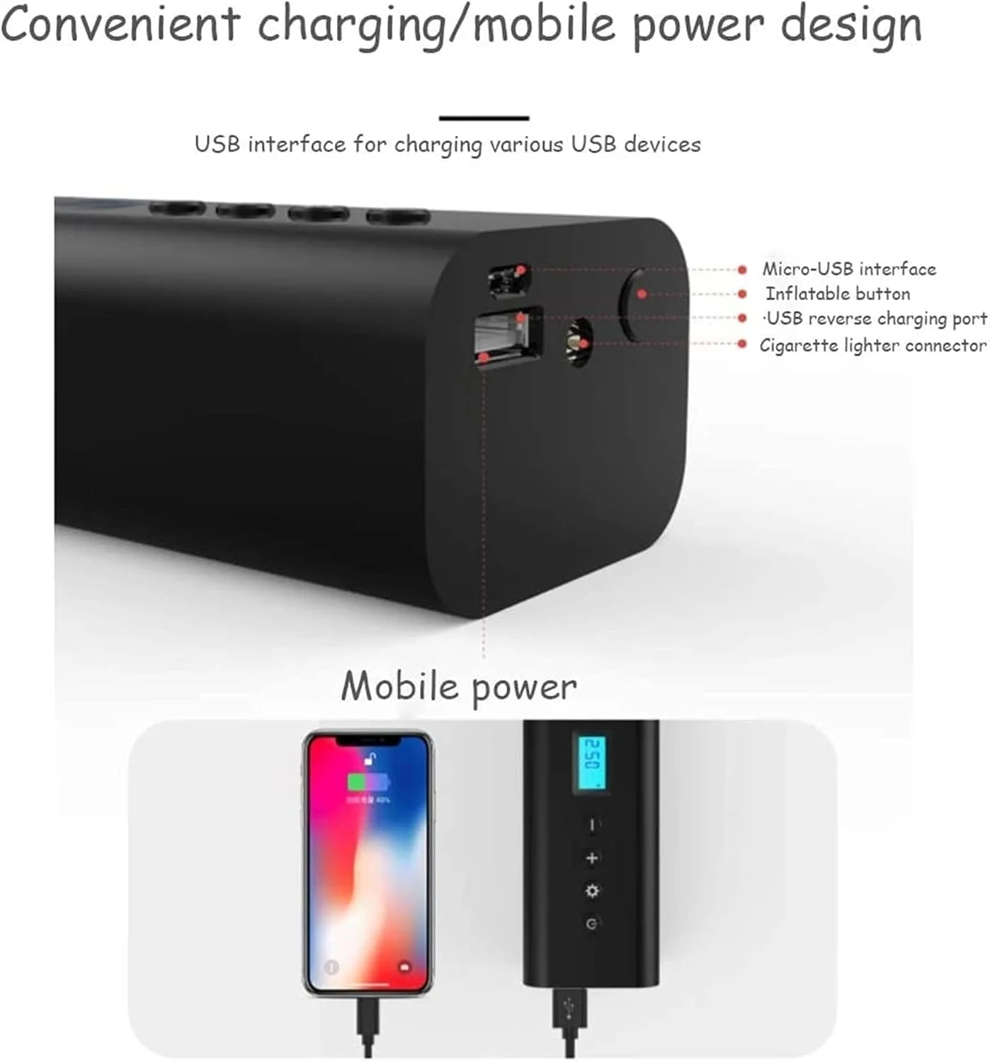 کمپرسور هوای قابل حمل، پمپ باد شارژی بی سیم برای لاستیک خودرو و دوچرخه با فشارسنج، خاموش شدن خودکار، چراغ LED دیجیتال بی سیم هوشمند