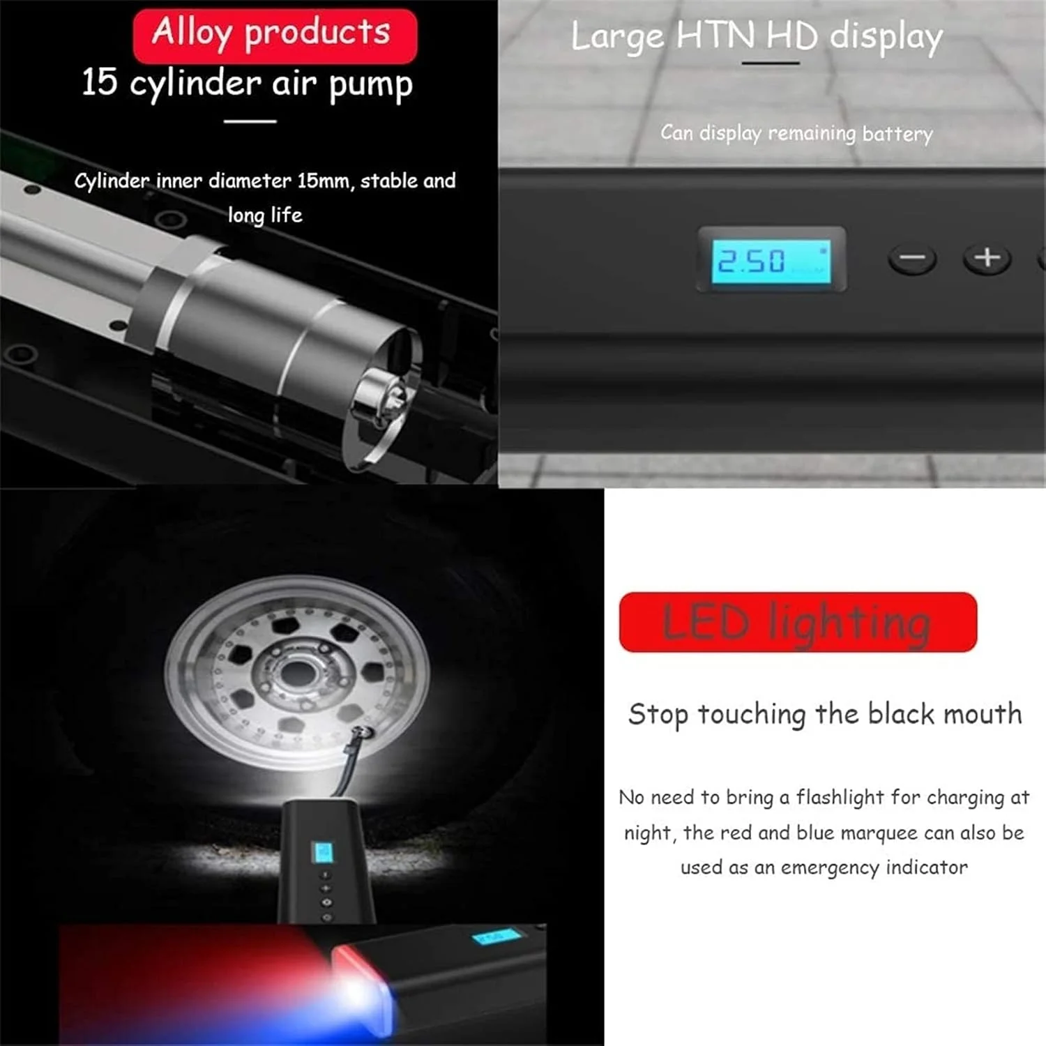 کمپرسور هوای قابل حمل، پمپ باد شارژی بی سیم برای لاستیک خودرو و دوچرخه با فشارسنج، خاموش شدن خودکار، چراغ LED دیجیتال بی سیم هوشمند