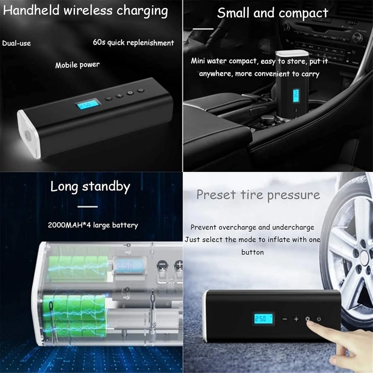 کمپرسور هوای قابل حمل، پمپ باد شارژی بی سیم برای لاستیک خودرو و دوچرخه با فشارسنج، خاموش شدن خودکار، چراغ LED دیجیتال بی سیم هوشمند