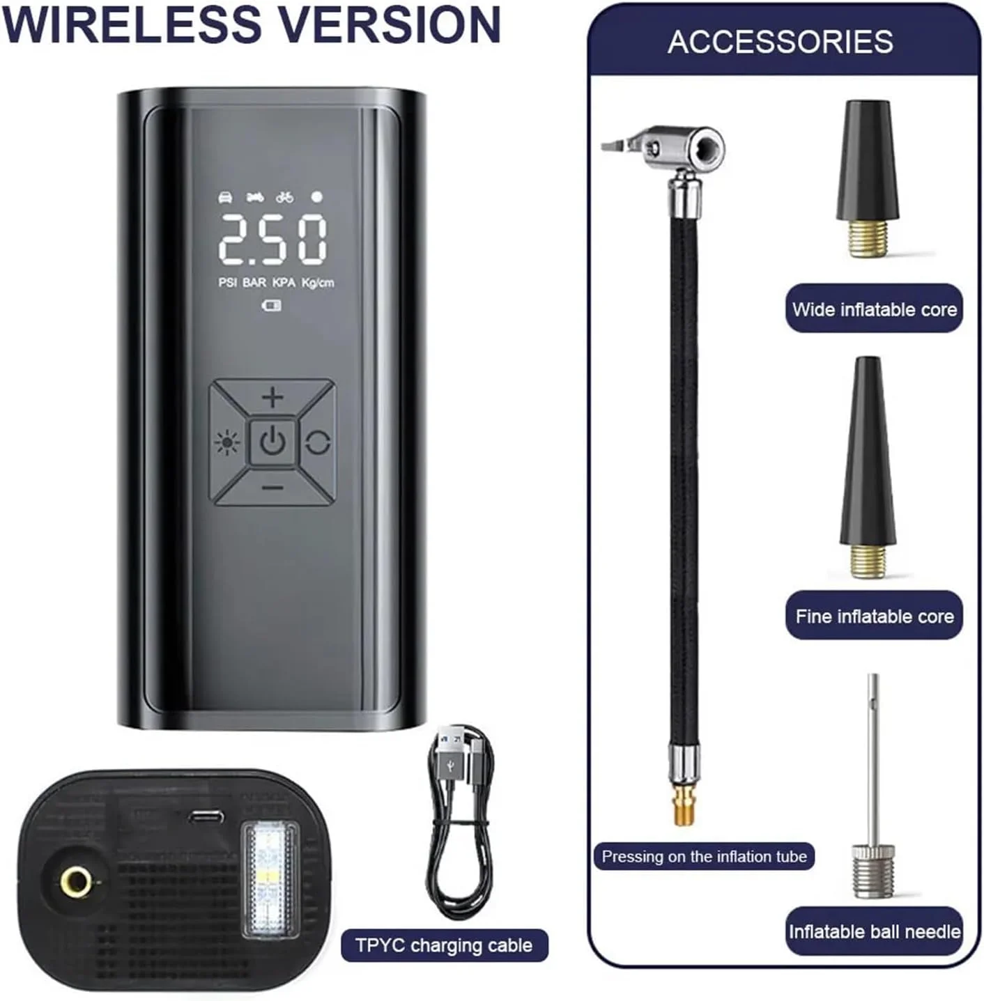 کمپرسور هوای قابل حمل خودرو 6000mAh، پمپ باد برقی سیمی/بی سیم 12 ولت 150PSI برای توپ، دوچرخه، موتورسیکلت و خودرو (رنگ: سیمی) (بی سیم) کمپرسور هوای قابل حمل خودرو 6000mAh، پمپ باد برقی سیمی/بی سیم 12 ولت 150PSI برای توپ، دوچرخه، موتورسیکلت و خودرو (رنگ: سیمی) (بی سیم)