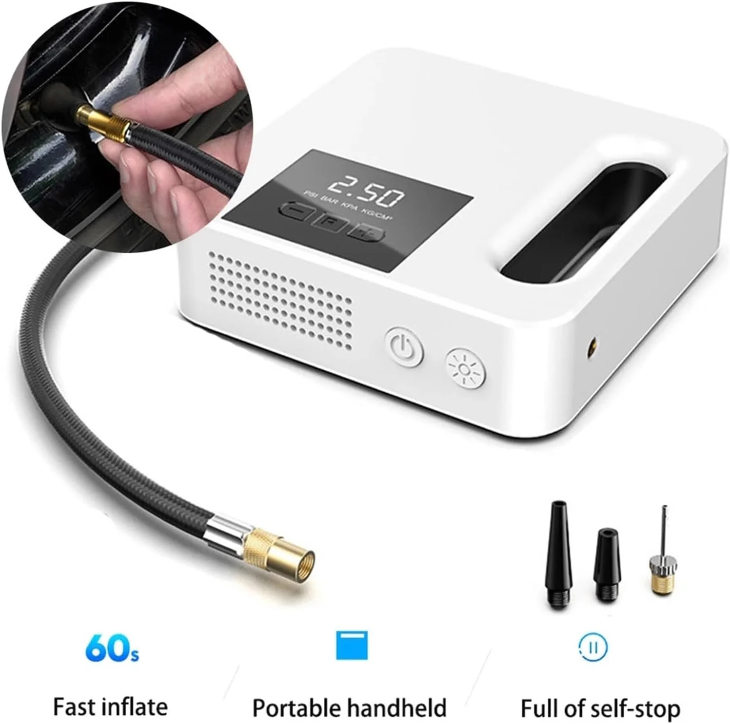 پمپ باد فندکی خودرو 12 ولت با نمایشگر دیجیتال، پمپ لاستیک برقی، کمپرسور باد سریع خودرو (رنگ: سفید دیجیتال)