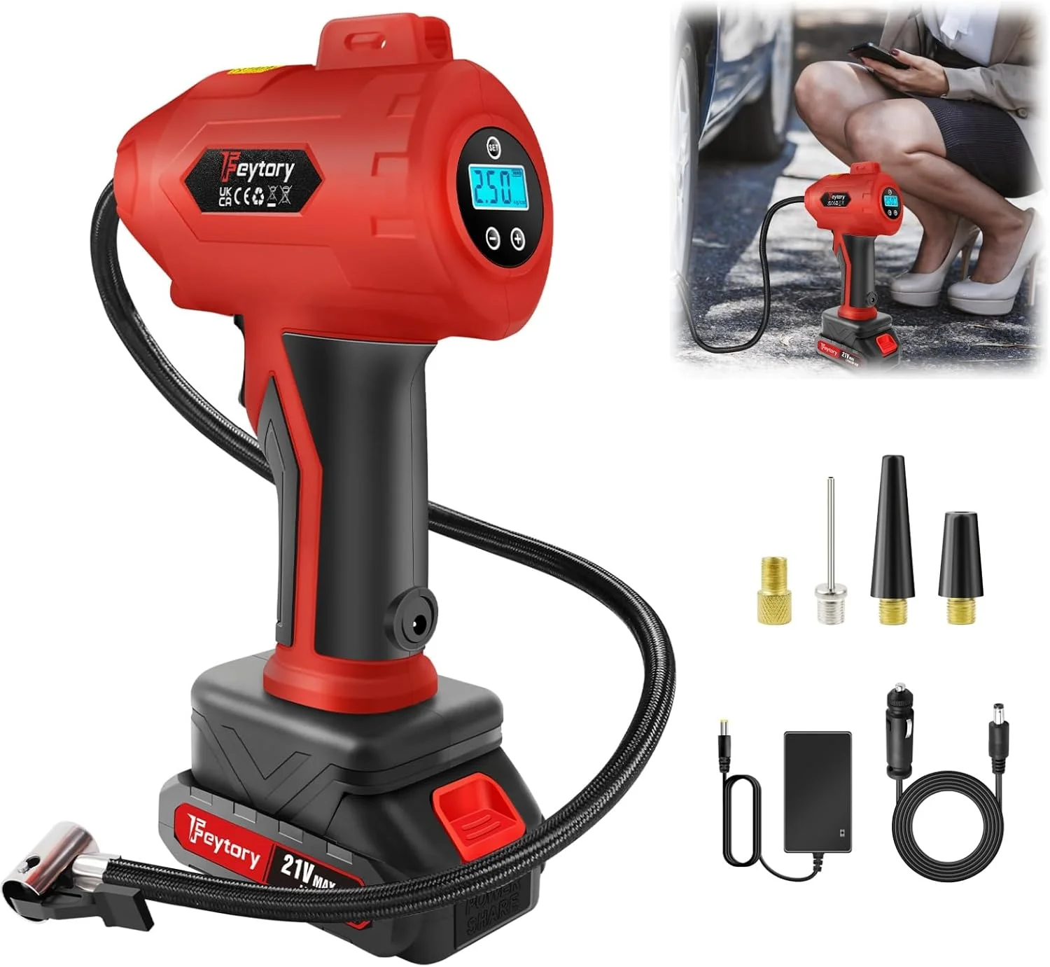 پمپ باد لاستیک شارژی، کمپرسور هوای قابل حمل 160 PSI، پمپ هوای دستی، پمپ لاستیک خودرو با باتری 1500mAh و گیج فشار دیجیتال، منبع تغذیه دوگانه