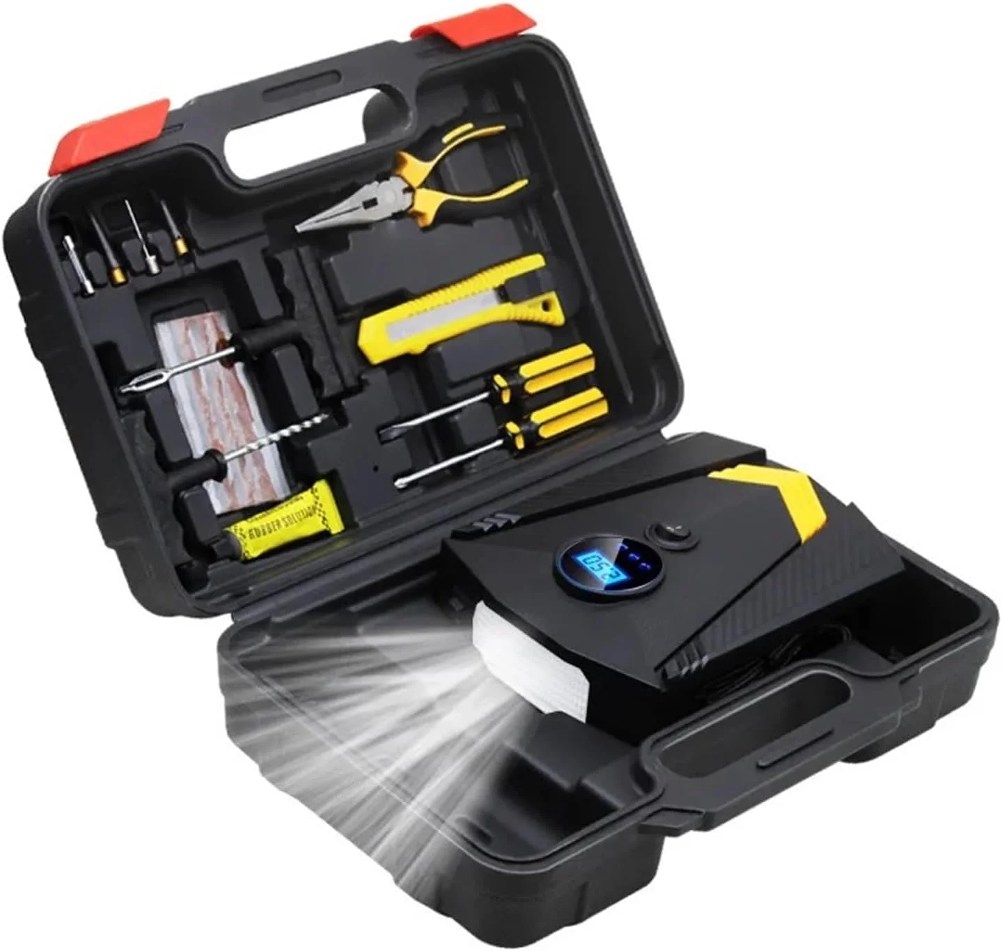 پمپ باد دیجیتال قابل حمل خودرو با نورپردازی، کمپرسور هوای اتوماتیک برای لاستیک چرخ خودرو، پمپ برقی 12 ولت (رنگ: مدل دیجیتال) (دیجیتال با جعبه)