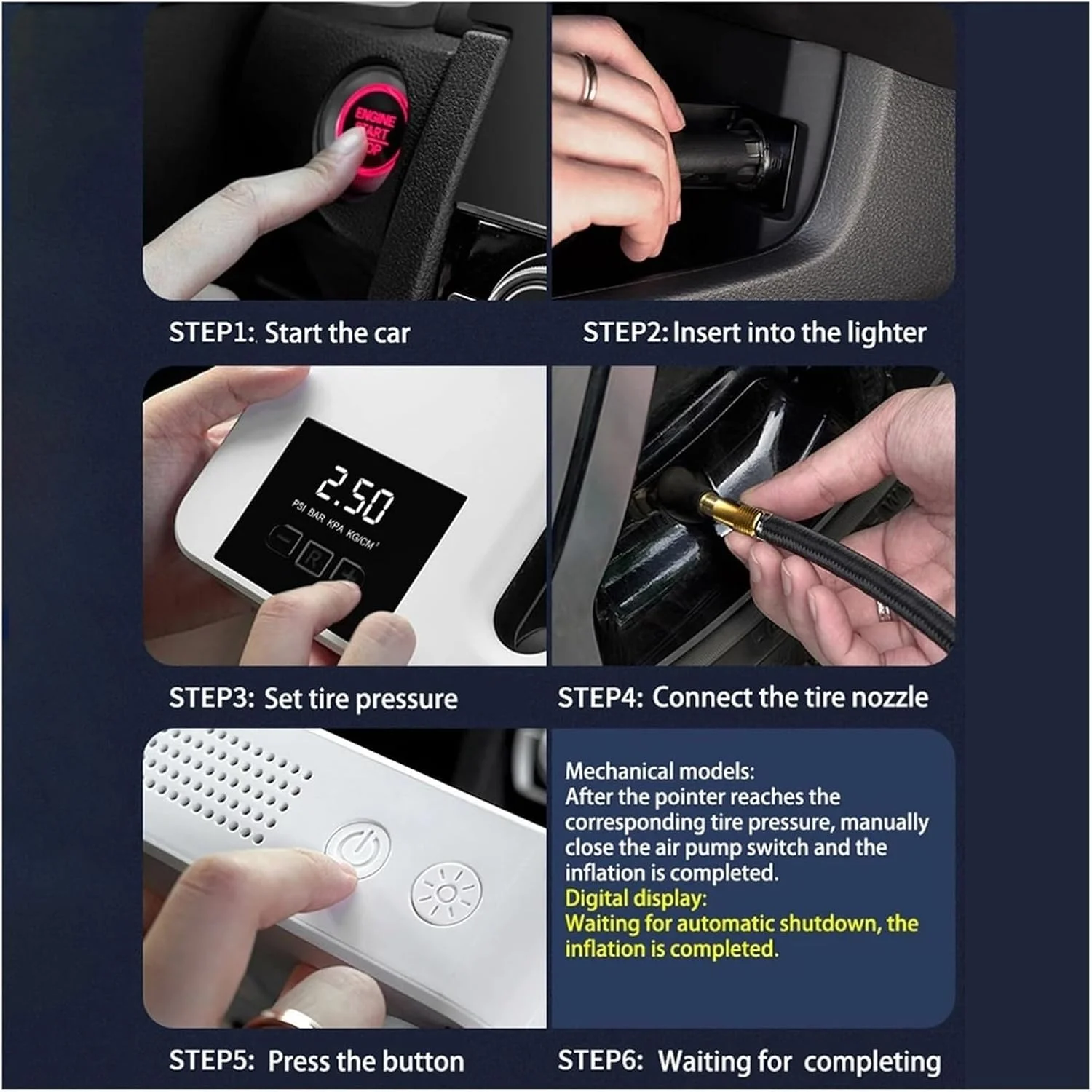 پمپ باد فندکی خودرو 12 ولت با نمایشگر دیجیتال، پمپ لاستیک برقی، کمپرسور باد سریع خودرو (رنگ: سفید دیجیتال)