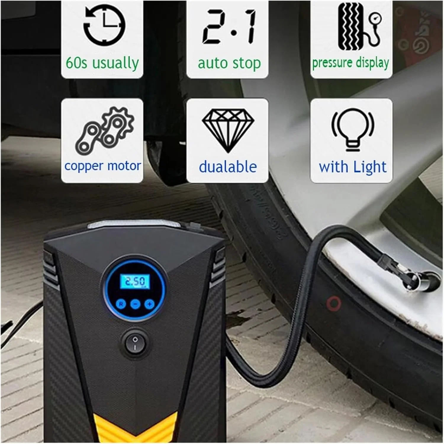 پمپ باد دیجیتال قابل حمل خودرو با نورپردازی، کمپرسور هوای اتوماتیک برای لاستیک چرخ خودرو، پمپ برقی 12 ولت (رنگ: مدل دیجیتال) (دیجیتال با جعبه)