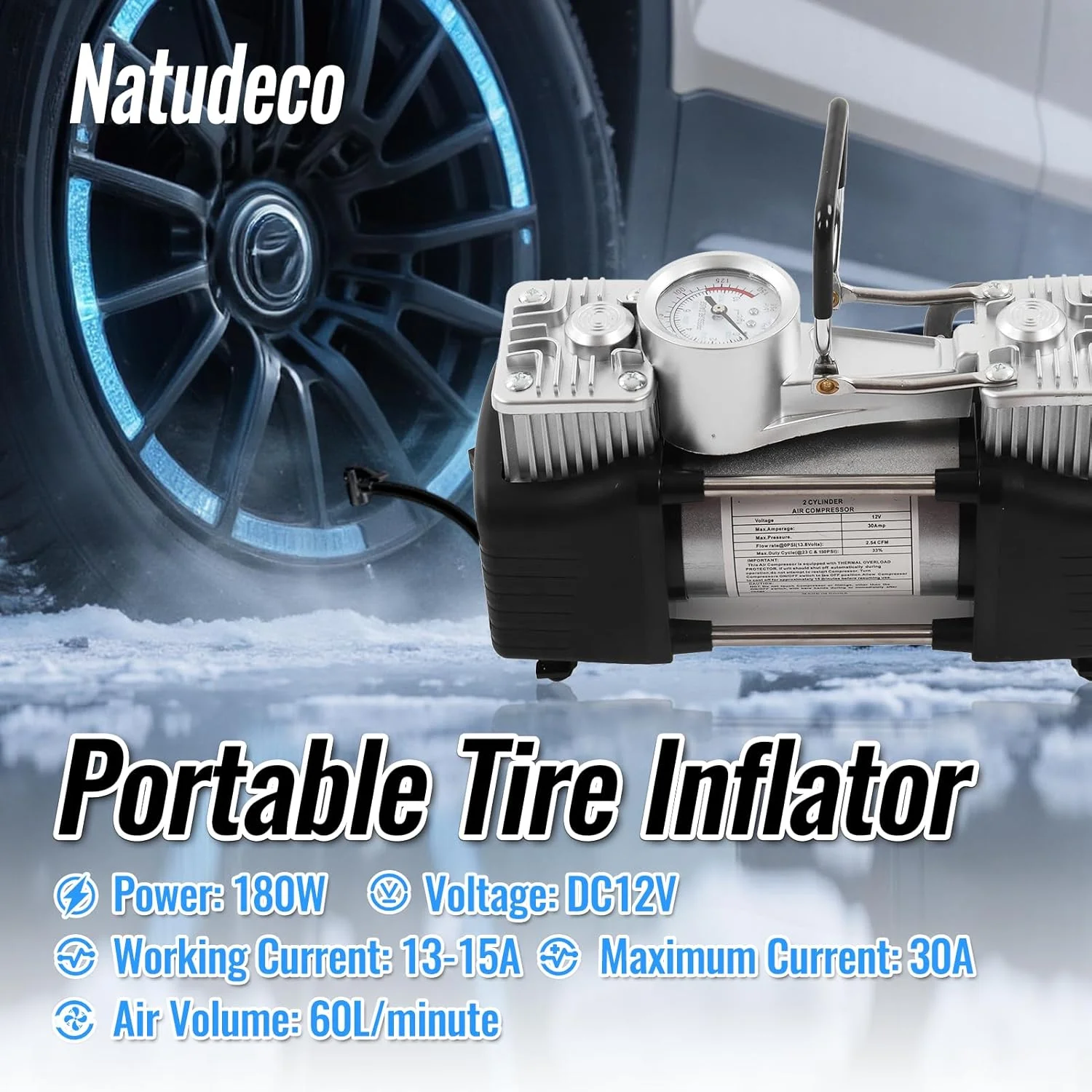 پمپ باد دو سیلندر قابل حمل Natudeco، چند منظوره 150PSI، پمپ کمپرسور هوا 180 وات برای خودرو، بادوام، DC 12V پمپ باد دو سیلندر قابل حمل Natudeco، چند منظوره 150PSI، پمپ کمپرسور هوا 180 وات برای خودرو، بادوام، DC 12V