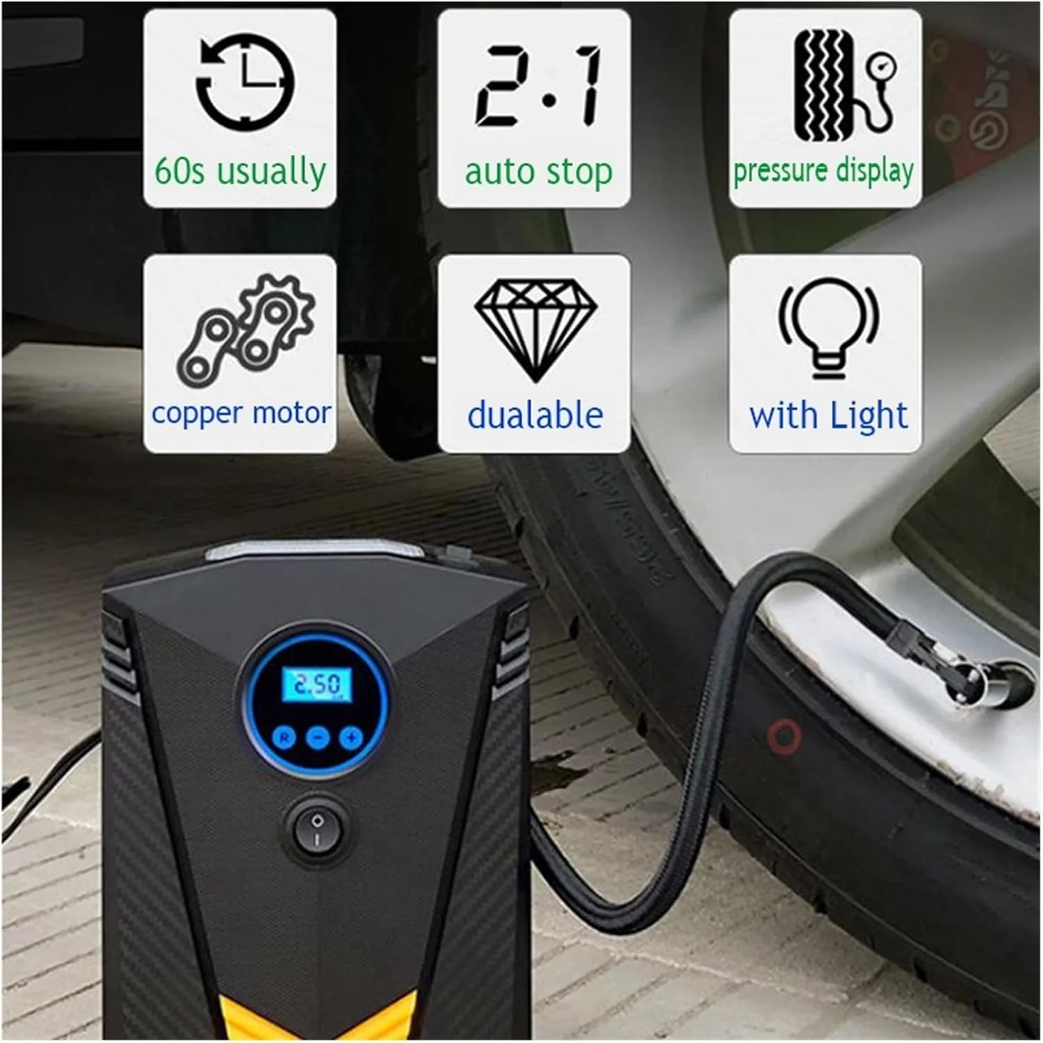 جعبه ابزار کمپرسور هوای خودرو پمپ بادی هوشمند تایر 12 ولت پمپ باد تایر قابل حمل خودرو برای تایر خودرو (رنگ: پمپ با جعبه ابزار) (پمپ)