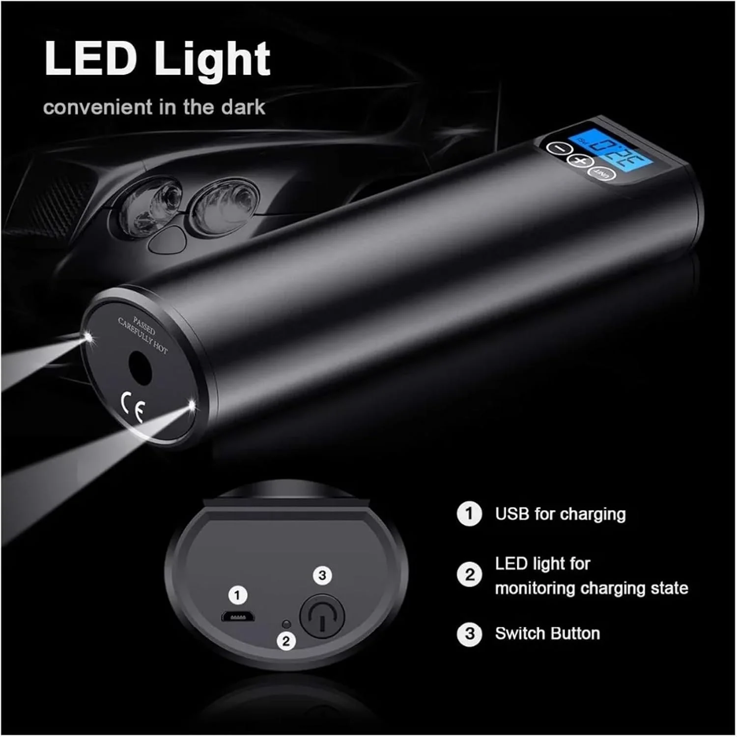 پمپ باد شارژی 12 ولت 150PSI، کمپرسور قابل حمل و بی سیم دیجیتال برای لاستیک خودرو، دوچرخه و توپ (رنگ: مشکی) (مشکی)