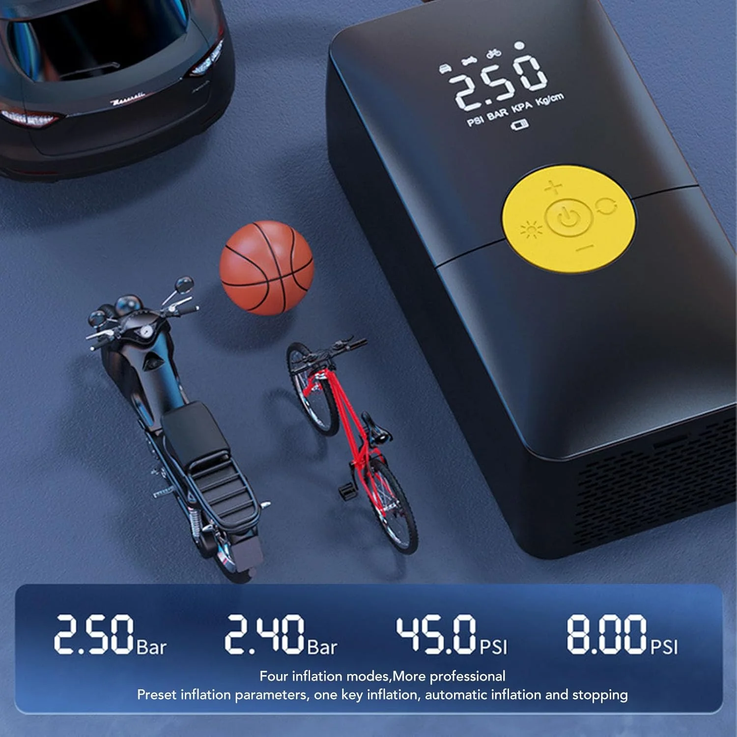 پمپ باد شارژی قابل حمل، کمپرسور هوا 120 وات 150 PSI با فشارسنج برای خودرو، موتورسیکلت، توپ، پمپ باد لاستیک دوچرخه جمع و جور، 4000 میلی آمپر ساعت