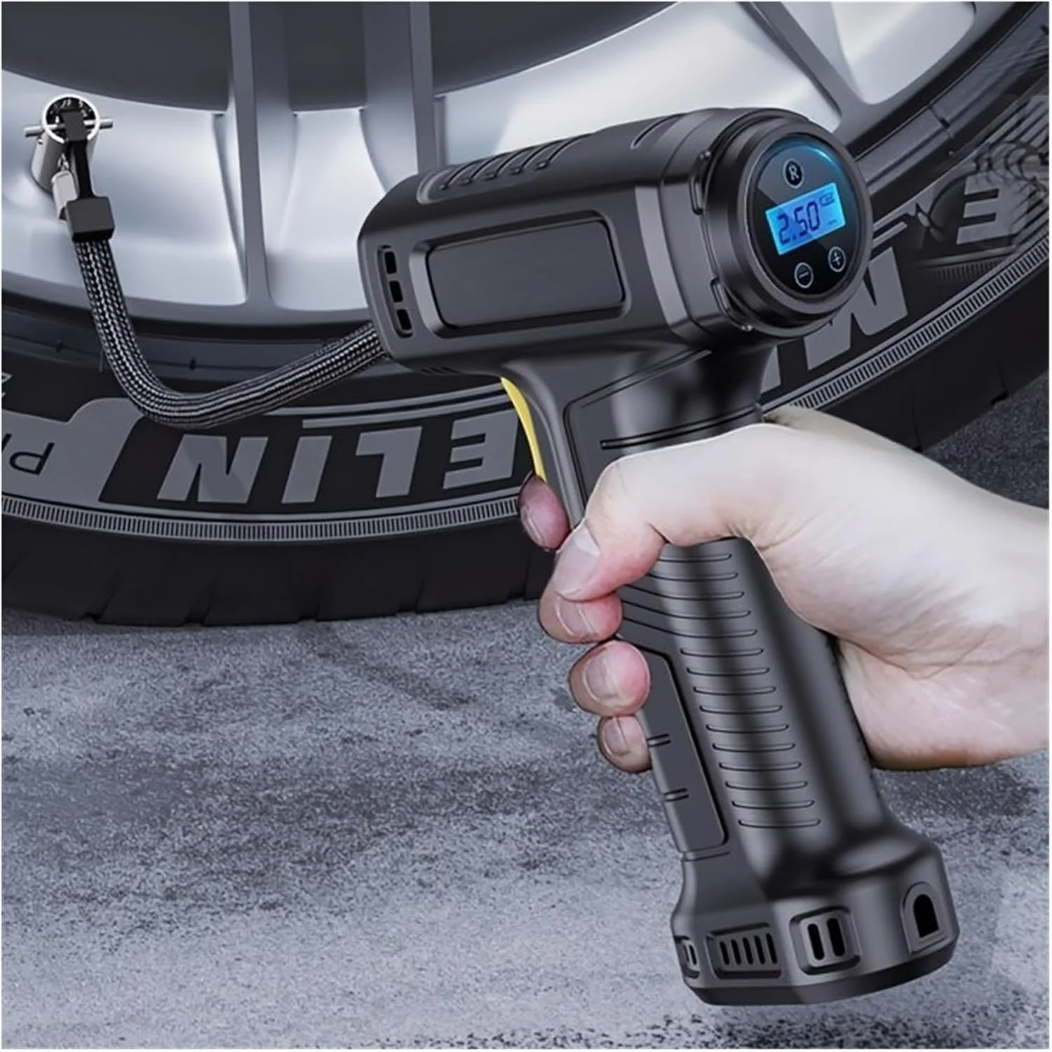 پمپ باد قابل شارژ 120 وات سیمی/بی سیم، پمپ باد قابل حمل دیجیتال اتوماتیک برای خودرو (رنگ: با باتری) (برقی سیمی) پمپ باد قابل شارژ 120 وات سیمی/بی سیم، پمپ باد قابل حمل دیجیتال اتوماتیک برای خودرو (رنگ: با باتری) (برقی سیمی)