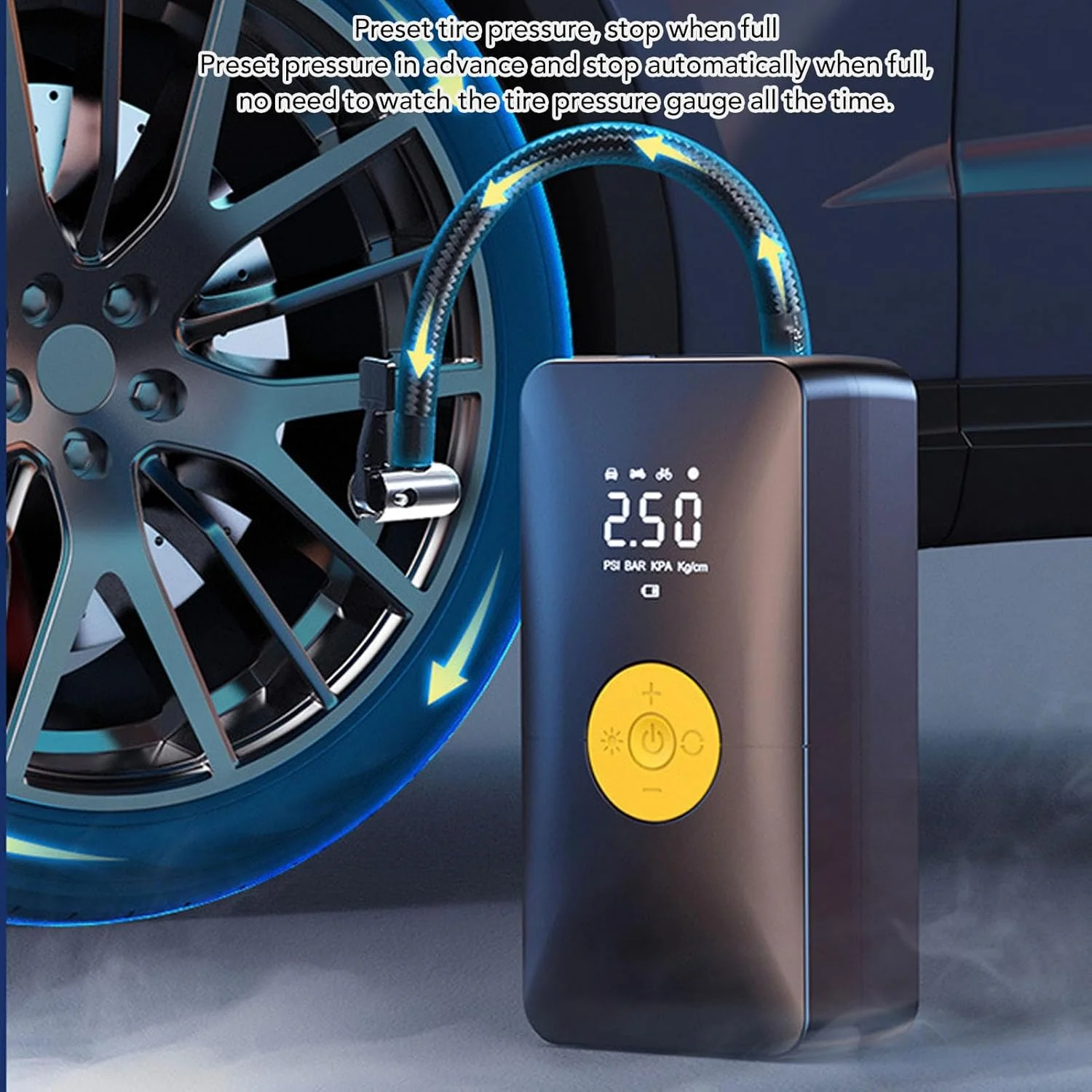 پمپ باد شارژی قابل حمل، کمپرسور هوا 120 وات 150 PSI با فشارسنج برای خودرو، موتورسیکلت، توپ، پمپ باد لاستیک دوچرخه جمع و جور، 4000 میلی آمپر ساعت