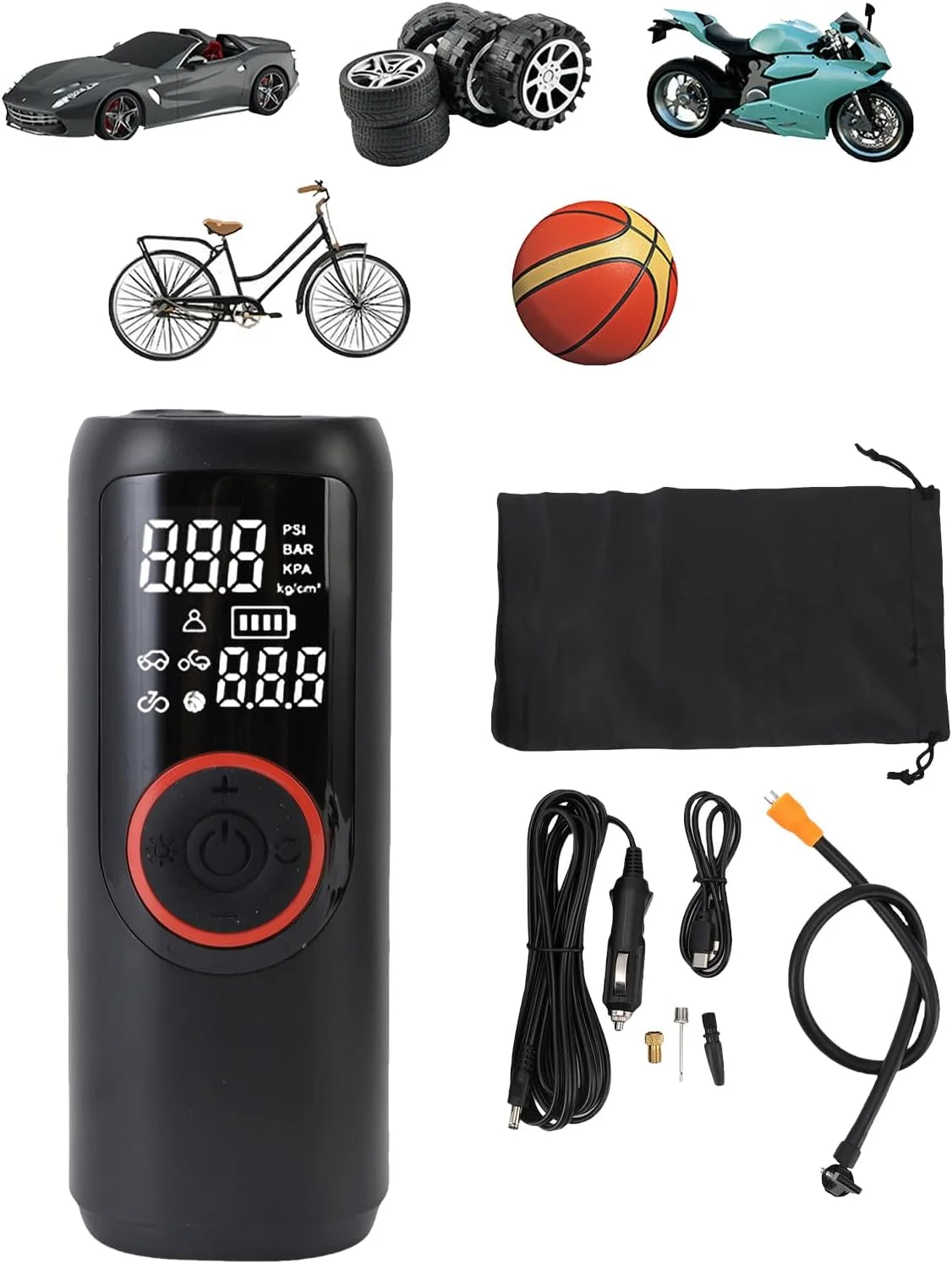 پمپ باد تایر شارژی، پمپ هوای قابل حمل 150PSI، کمپرسور هوای قابل حمل با صفحه نمایش دیجیتال، چراغ LED برای دوچرخه، ماشین، موتور سیکلت، توپ و فضای باز