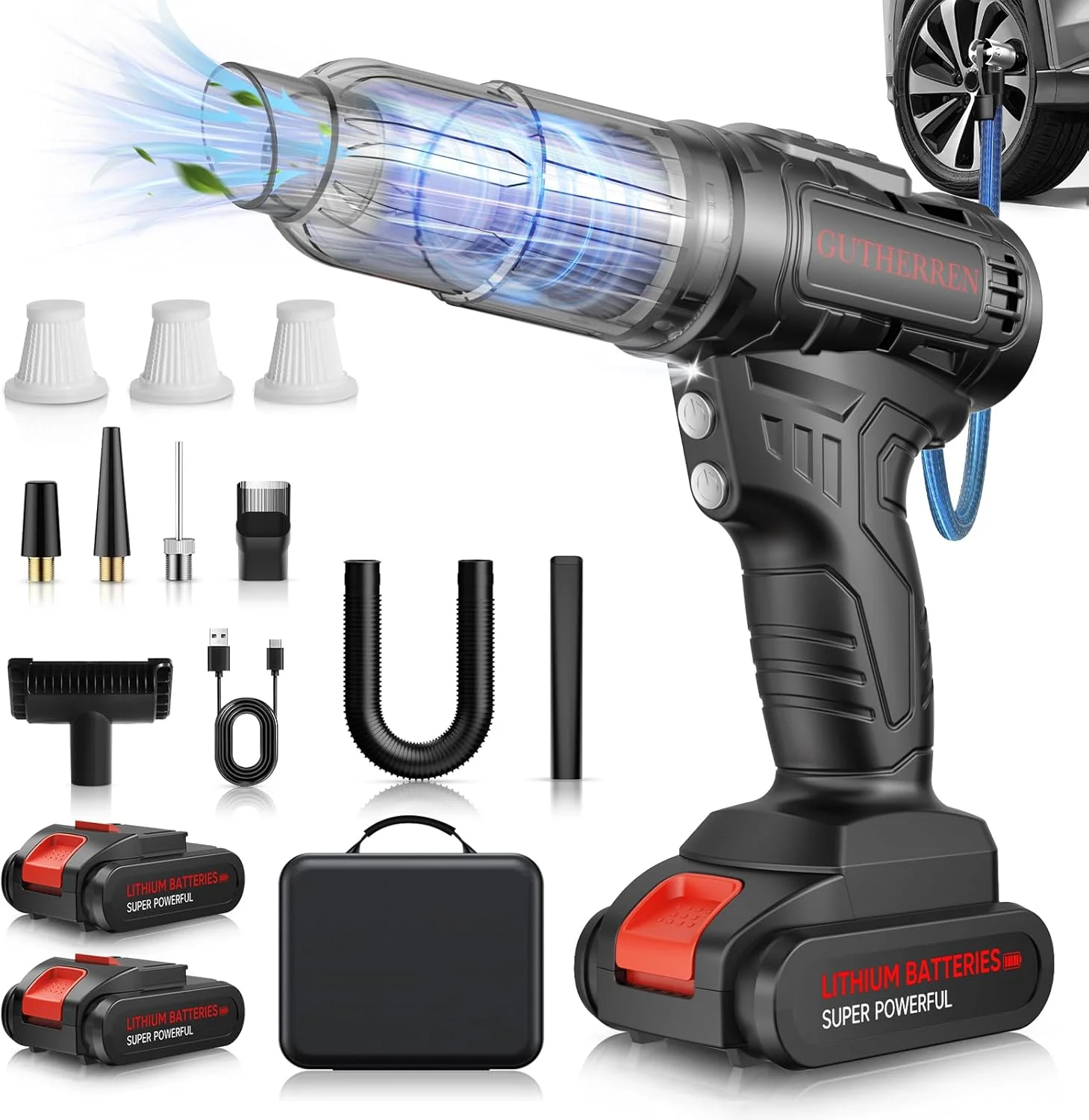 جاروبرقی خودرو قابل حمل بی سیم 2 در 1 و کمپرسور باد قابل حمل، با باتری قابل شارژ، دارای چراغ های LED، فشارسنج، برای خودرو، موتورسیکلت، دوچرخه، توپ، تمیز کننده برای خانه و خودرو