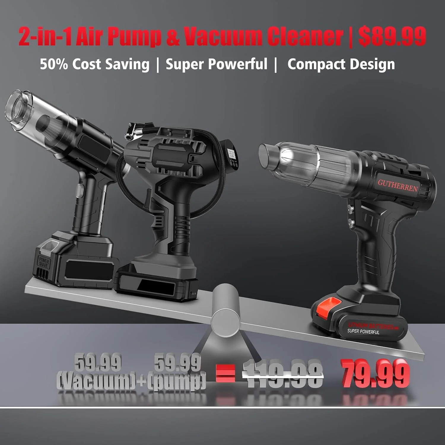 جاروبرقی خودرو قابل حمل بی سیم 2 در 1 و کمپرسور باد قابل حمل، با باتری قابل شارژ، دارای چراغ های LED، فشارسنج، برای خودرو، موتورسیکلت، دوچرخه، توپ، تمیز کننده برای خانه و خودرو