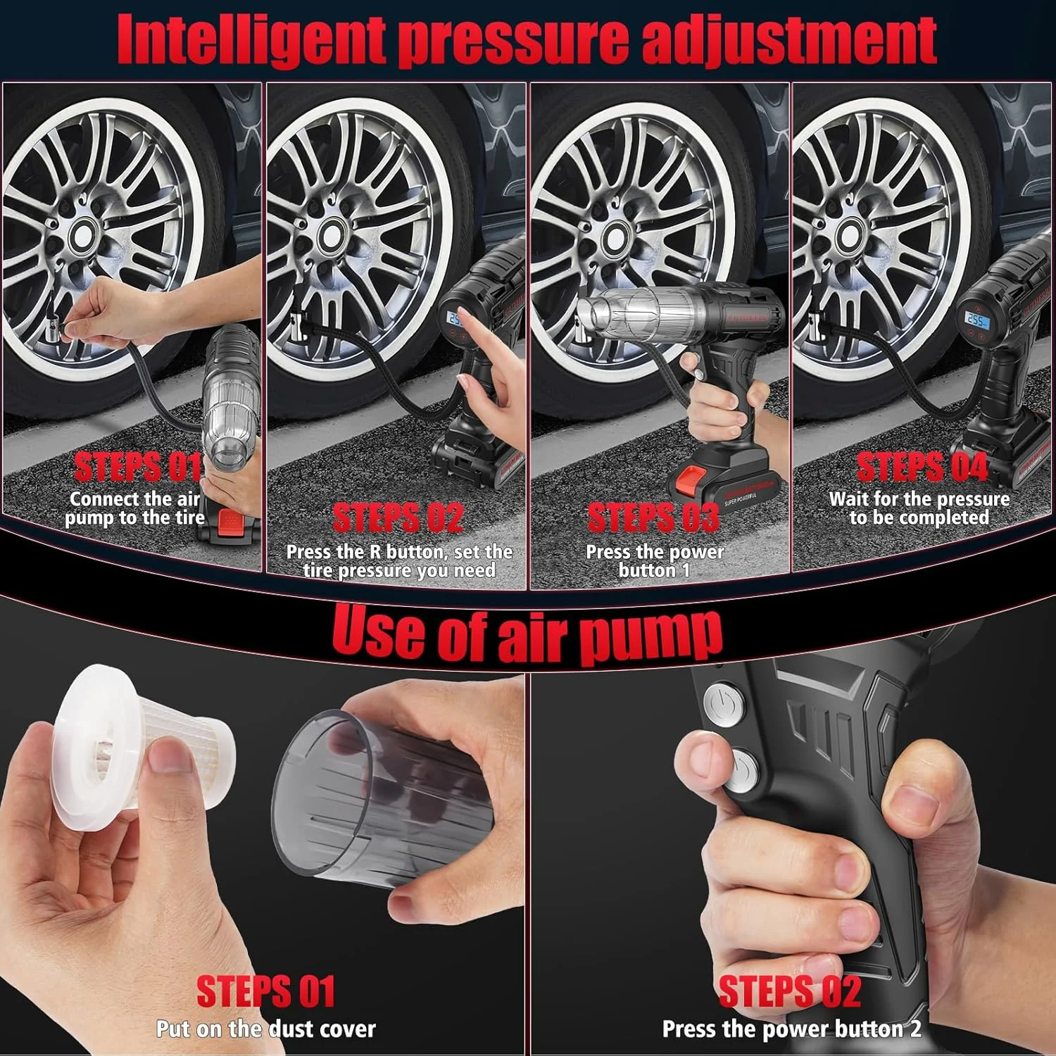 جاروبرقی خودرو قابل حمل بی سیم 2 در 1 و کمپرسور باد قابل حمل، با باتری قابل شارژ، دارای چراغ های LED، فشارسنج، برای خودرو، موتورسیکلت، دوچرخه، توپ، تمیز کننده برای خانه و خودرو