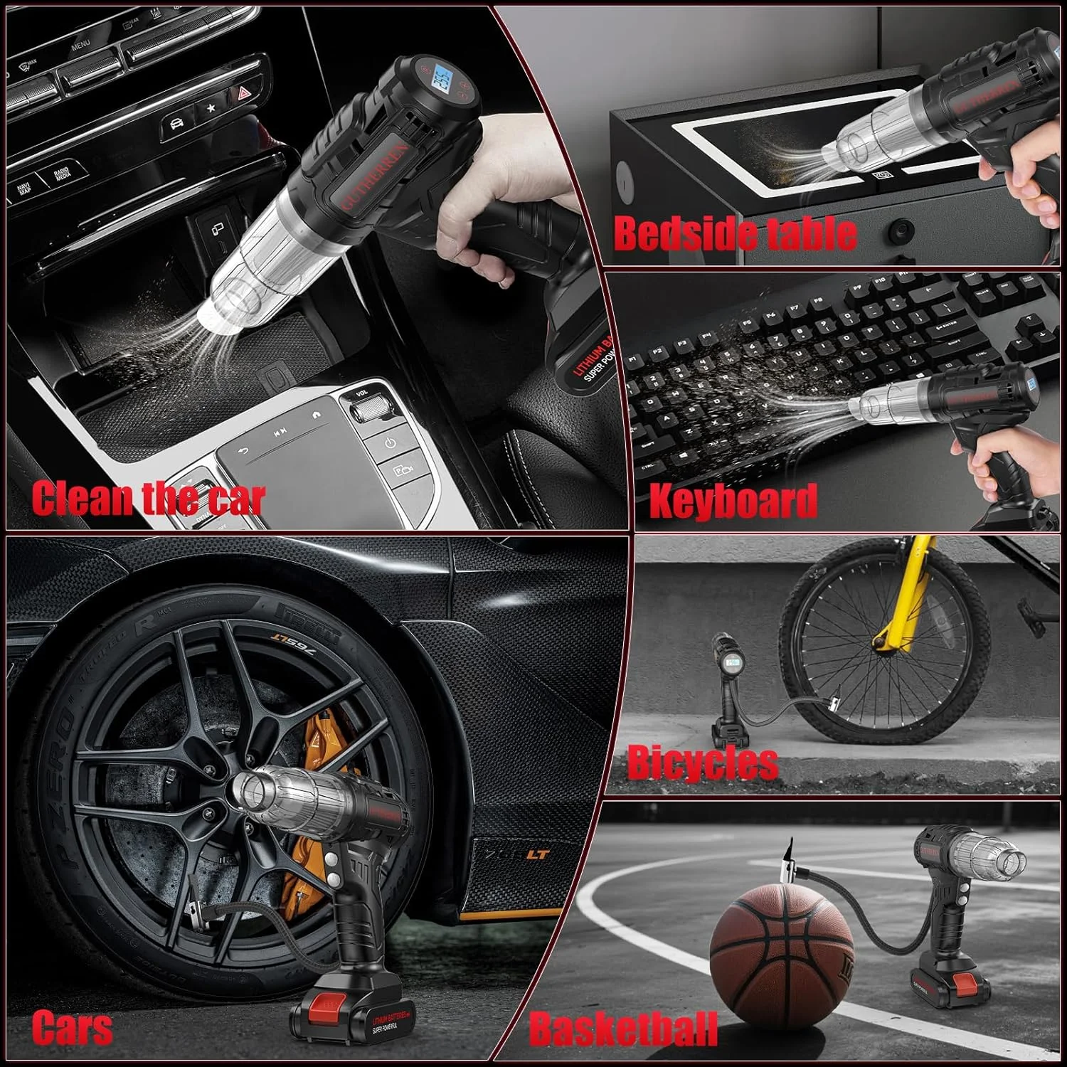 جاروبرقی خودرو قابل حمل بی سیم 2 در 1 و کمپرسور باد قابل حمل، با باتری قابل شارژ، دارای چراغ های LED، فشارسنج، برای خودرو، موتورسیکلت، دوچرخه، توپ، تمیز کننده برای خانه و خودرو