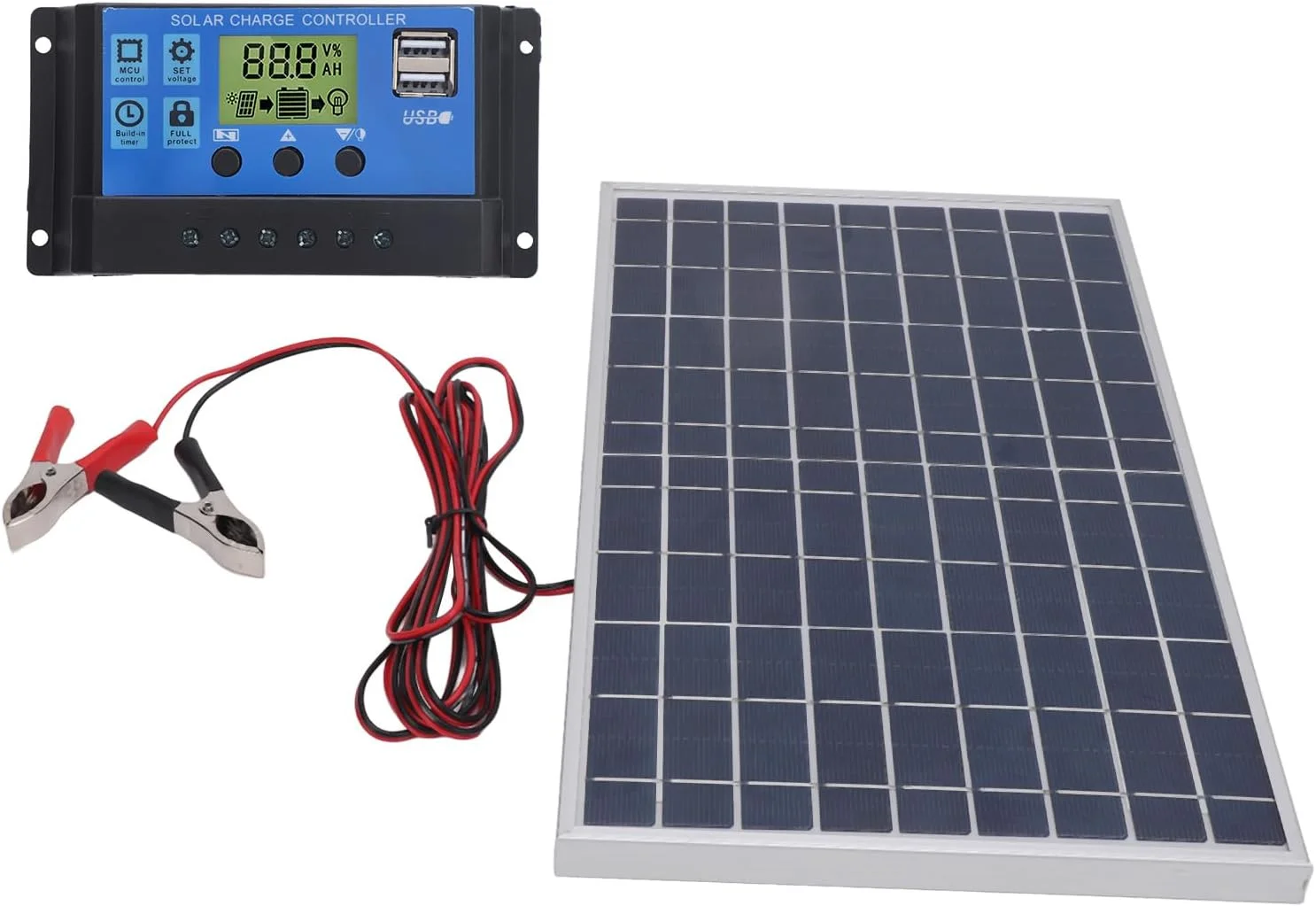 کیت پنل خورشیدی 10 وات 12 ولت 30 آمپر، کنترلر پلی کریستالین ضد آب IP65 با گیره های باتری، کابل توسعه، شارژر باتری خورشیدی قابل حمل برای قایق دریایی RV خارج از شبکه