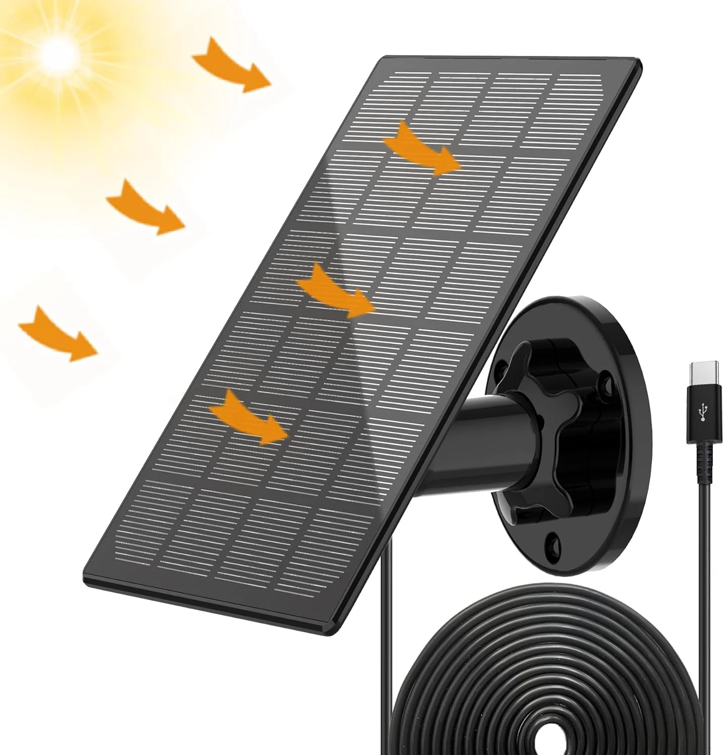 پنل خورشیدی برای دوربین فضای باز، شارژر خورشیدی ضد آب IP66، منبع تغذیه خورشیدی مداوم برای دوربین های امنیتی، با کابل 3 متری آداپتور Type-C و پایه قابل تنظیم 360 درجه