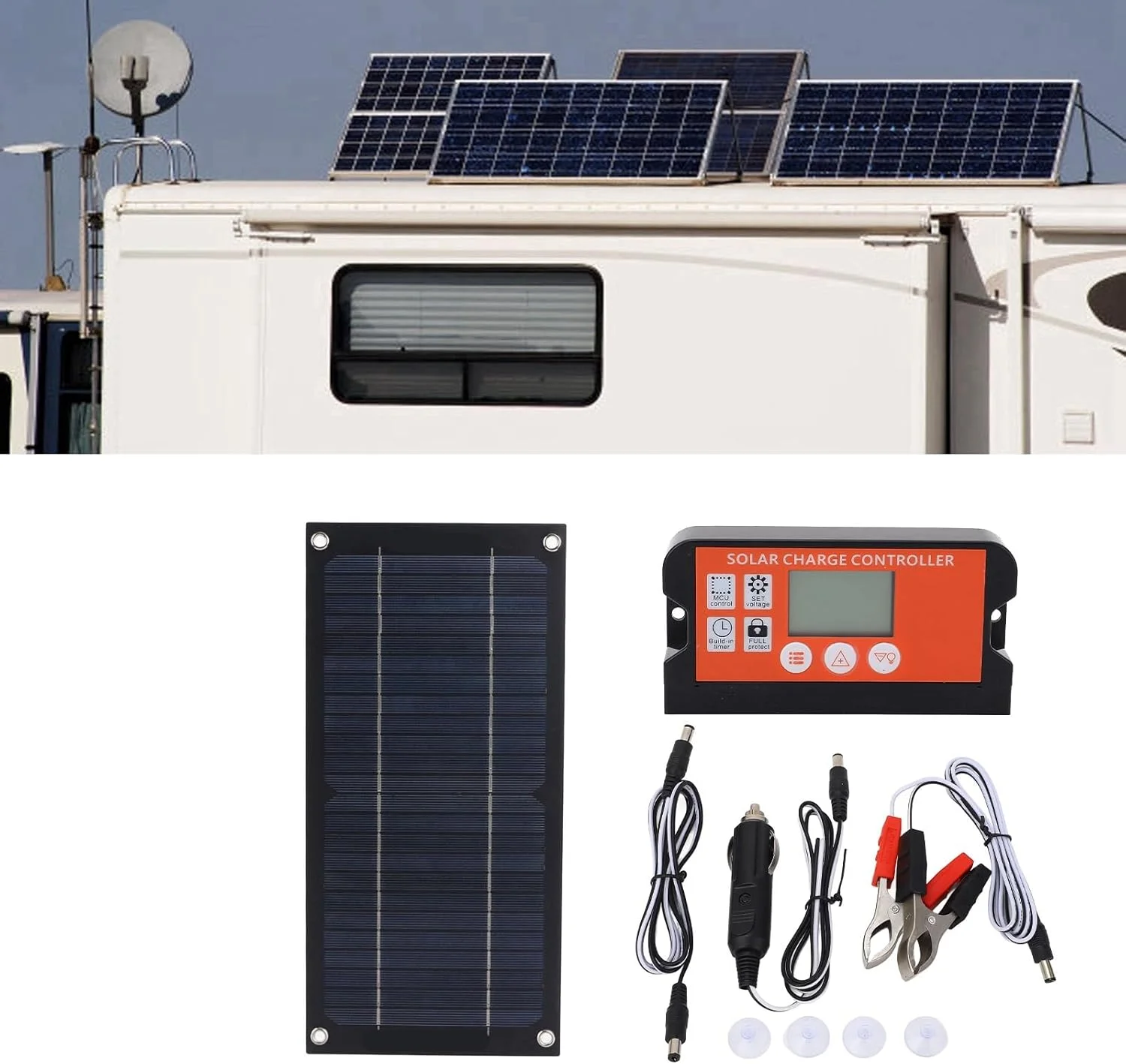 کیت پنل خورشیدی، شارژر پنل خورشیدی مونوکریستالی با راندمان بالا به همراه کابل توسعه و گیره باتری برای کمپینگ در فضای باز و سایر کاربردهای خارج از شبکه