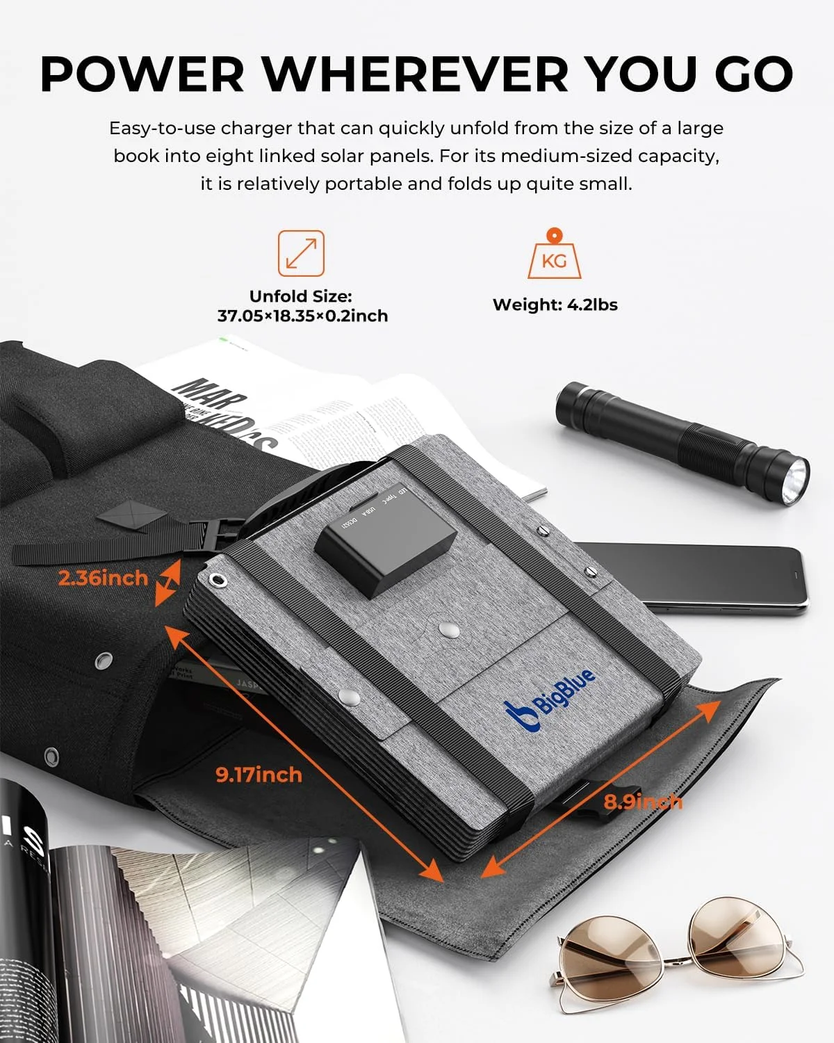 شارژر خورشیدی تاشو 60 واتی BigBlue، پنل خورشیدی قابل حمل ETFE با خروجی QC3.0+PD45W+23.2V DC [مقاوم در برابر آب IP68 و دارای پایه زاویه دار] برای مواقع اضطراری، کمپینگ، سازگار با تلفن های هوشمند، تبلت و پاور استیشن
