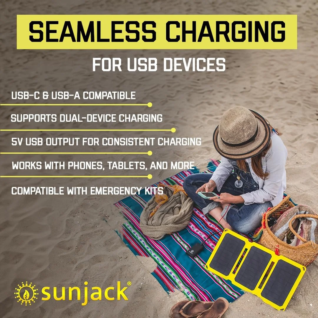 شارژر خورشیدی تاشو 25 واتی SunJack با پنل مونوکریستالین ETFE ضد آب IP67، دارای USB-C و USB-A برای تلفن های همراه، تبلت ها و قابل حمل برای کوله گردی، کمپینگ، پیاده روی و موارد دیگر
