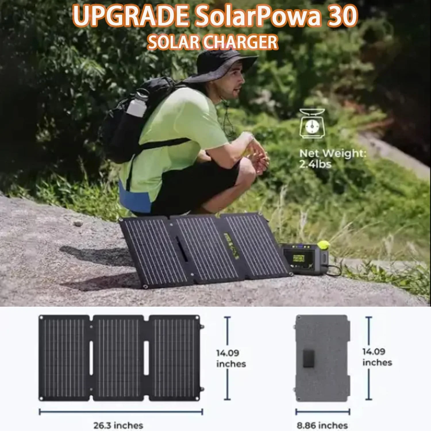 پنل خورشیدی تاشو 30 وات، بازده خروجی خوب، بازده تبدیل بالا، پنل خورشیدی قابل حمل 40 وات برای پیاده روی و کوله گردی