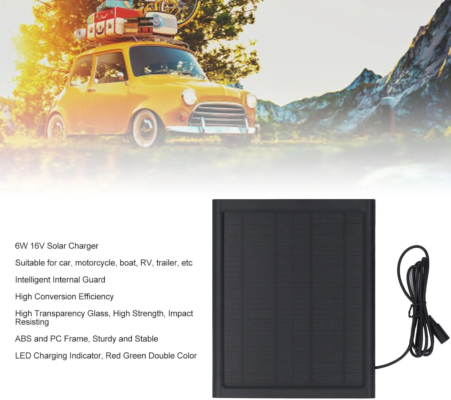 شارژر پنل خورشیدی، 6 وات 16 ولت، نگهدارنده باتری خورشیدی، کیت پنل خورشیدی قابل حمل برای خودرو، RV، قایق دریایی، موتور سیکلت