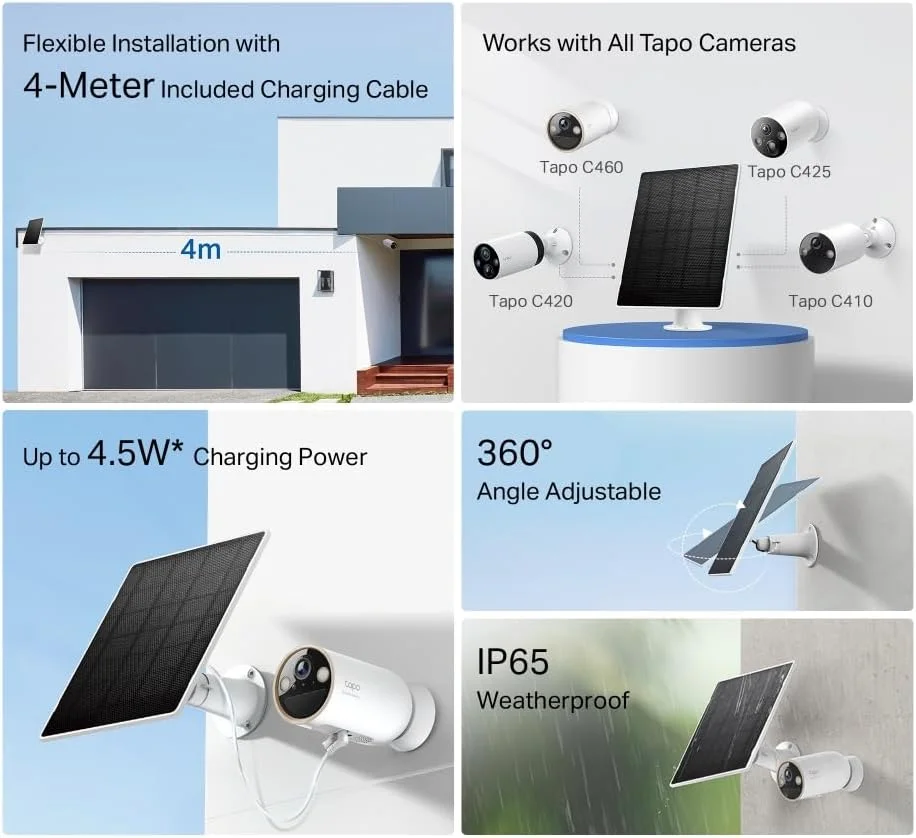 پنل خورشیدی Tapo A202 سازگار با تمام دوربین های باتری دار Tapo، شارژ خورشیدی با راندمان بالا تا 4.5 وات، سلول های سیلیکونی مونوکریستالی، IP65، زاویه قابل تنظیم 360 درجه، نصب انعطاف پذیر با کابل فوق العاده بلند پنل خورشیدی Tapo A202 سازگار با تمام دوربین های باتری دار Tapo، شارژ خورشیدی با راندمان بالا تا 4.5 وات، سلول های سیلیکونی مونوکریستالی، IP65، زاویه قابل تنظیم 360 درجه، نصب انعطاف پذیر با کابل فوق العاده بلند