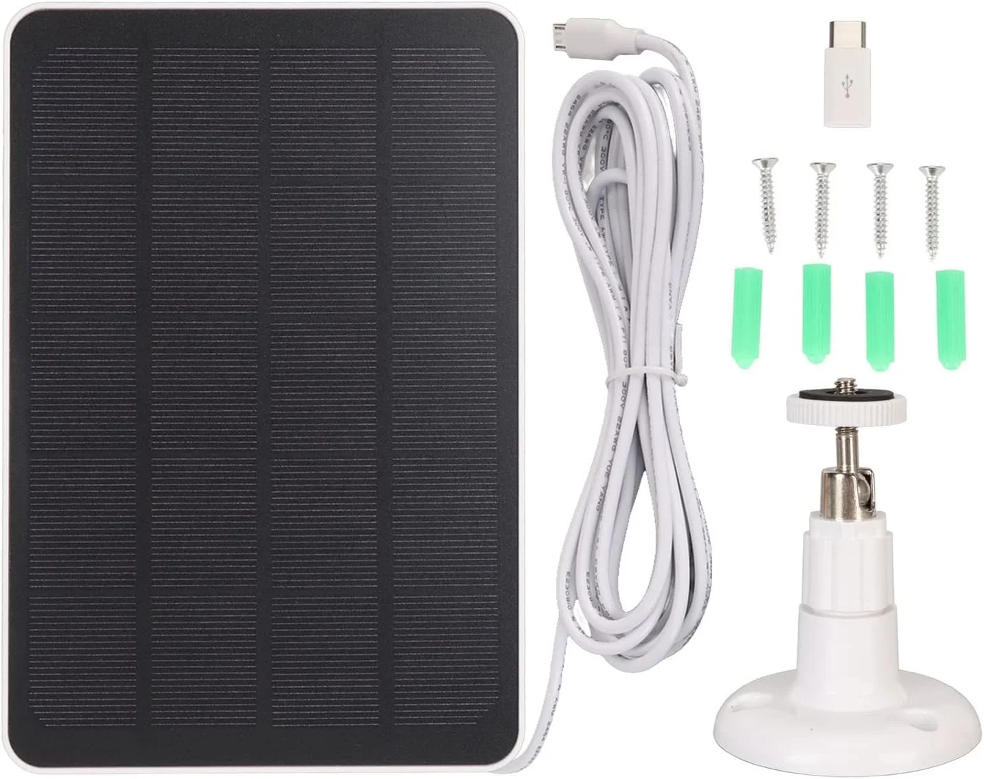 پنل خورشیدی 4 واتی برای دوربین مداربسته، دارای براکت دیواری قابل تنظیم 360° و 90°، ضد آب IP65، پورت خروجی Micro USB و USB C، پنل خورشیدی دوربین 5 ولت با کابل 3 متری (سفید)