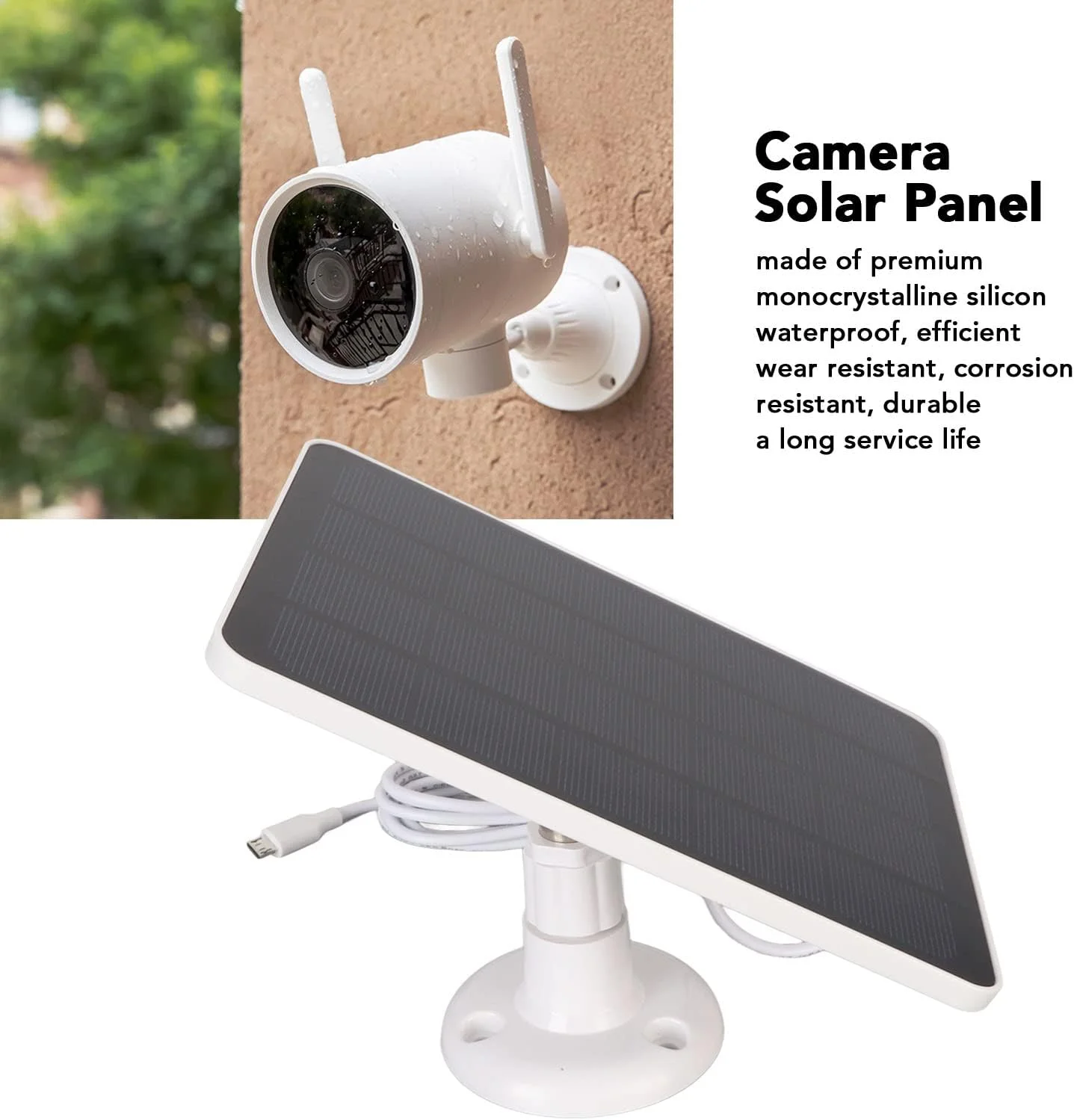 پنل خورشیدی 4 واتی برای دوربین مداربسته، دارای براکت دیواری قابل تنظیم 360° و 90°، ضد آب IP65، پورت خروجی Micro USB و USB C، پنل خورشیدی دوربین 5 ولت با کابل 3 متری (سفید) پنل خورشیدی 4 واتی برای دوربین مداربسته، دارای براکت دیواری قابل تنظیم 360° و 90°، ضد آب IP65، پورت خروجی Micro USB و USB C، پنل خورشیدی دوربین 5 ولت با کابل 3 متری (سفید)