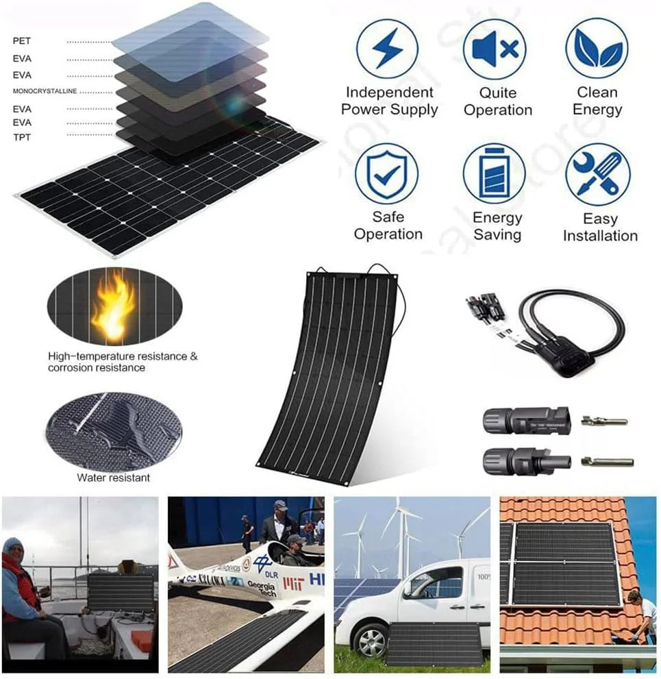 کیت پنل خورشیدی انعطاف پذیر 100 واتی، 2x50 وات PET تک کریستالی خم شو شارژر باتری خورشیدی با کنترلر 40 آمپر، ضد آب و ضد گرد و غبار IP67، برای ماشین، قایق تفریحی، باتری، قایق، کمپر ون و کمپر خانگی