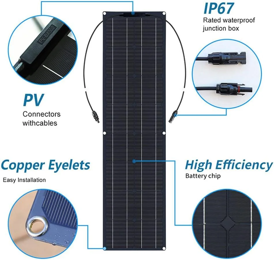 کیت پنل خورشیدی انعطاف پذیر 100 واتی، 2x50 وات PET تک کریستالی خم شو شارژر باتری خورشیدی با کنترلر 40 آمپر، ضد آب و ضد گرد و غبار IP67، برای ماشین، قایق تفریحی، باتری، قایق، کمپر ون و کمپر خانگی