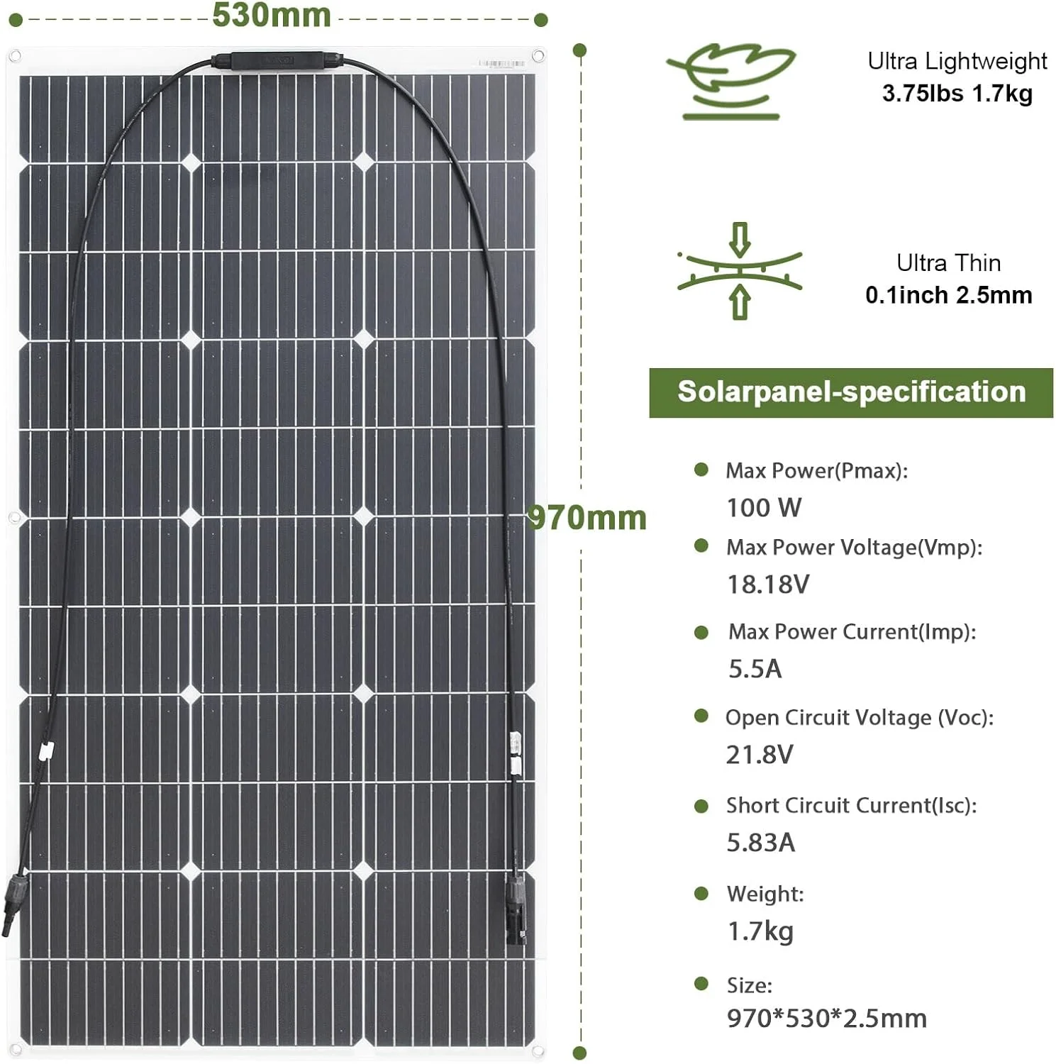 پنل خورشیدی 100 واتی 18 ولت، ماژول خورشیدی انعطاف پذیر مونوکریستالی سبک وزن برای شارژ در فضای باز، درجه یک برای خودرو