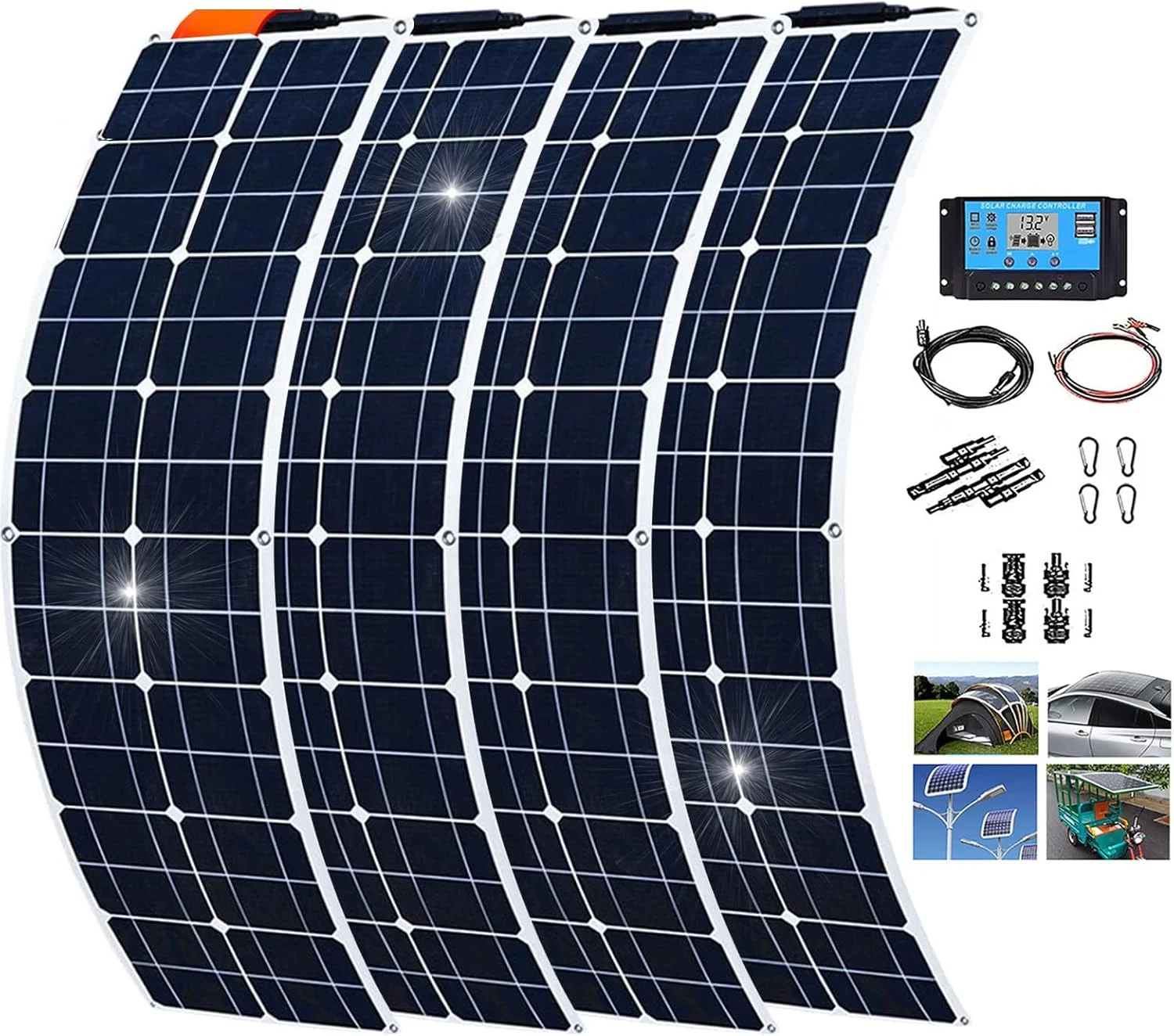 پنل خورشیدی 400 واتی 800 واتی KardoL + کنترلر 40 آمپری + لوازم جانبی، 18 ولت 2x200 واتی 4x200 واتی پنل های خورشیدی مونوکریستالی لوازم جانبی انعطاف پذیر برای موتورخانه/ سقف/ ماشین کمپینگ/ هر سطح ناهموار، 4x200 واتی