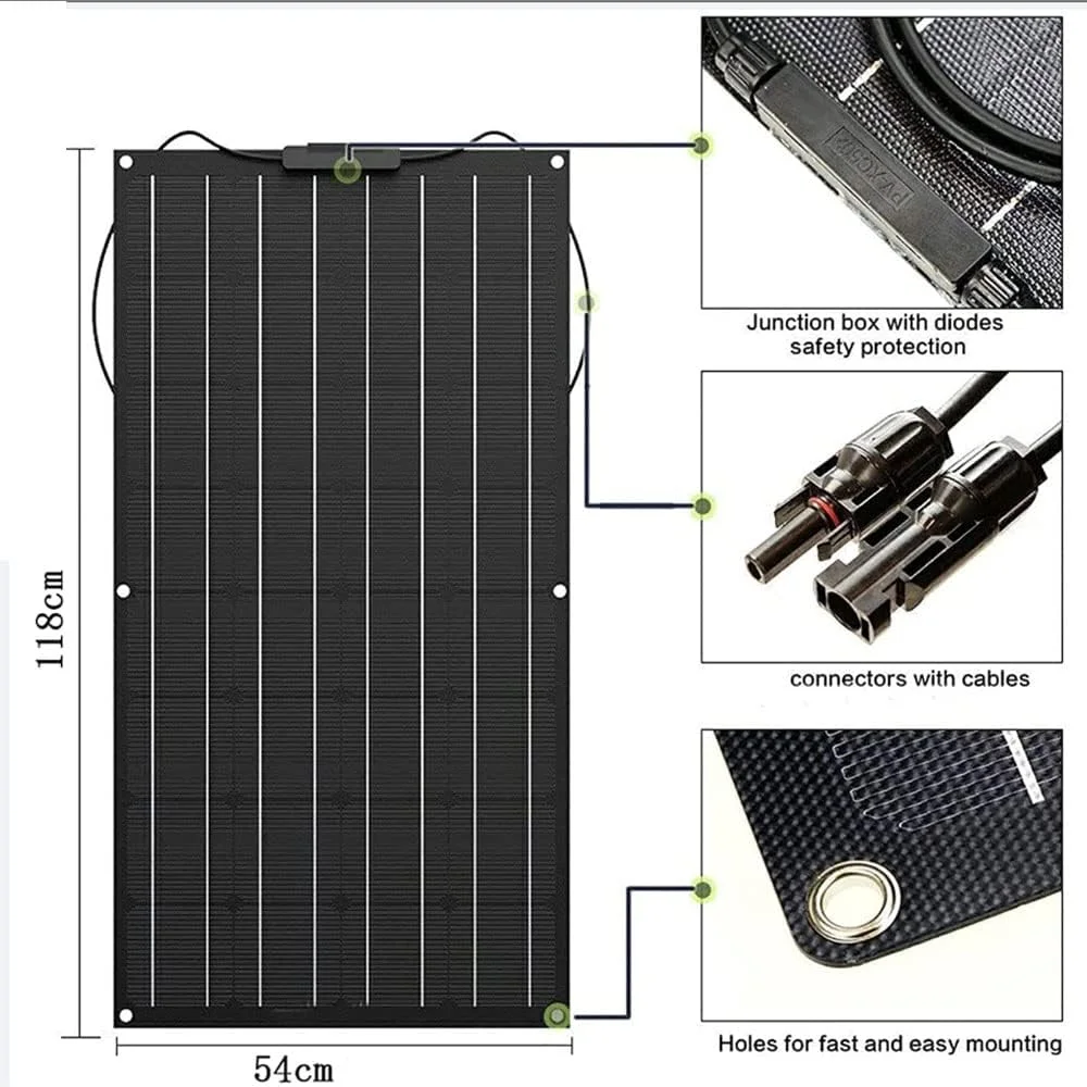 ماژول خورشیدی انعطاف پذیر WABHDN با کانکتور، پنل خورشیدی 2X 300w 18V، کیت پنل خورشیدی 600W برای قایق، RV، کلبه، ون، ماشین و سطوح ناهموار