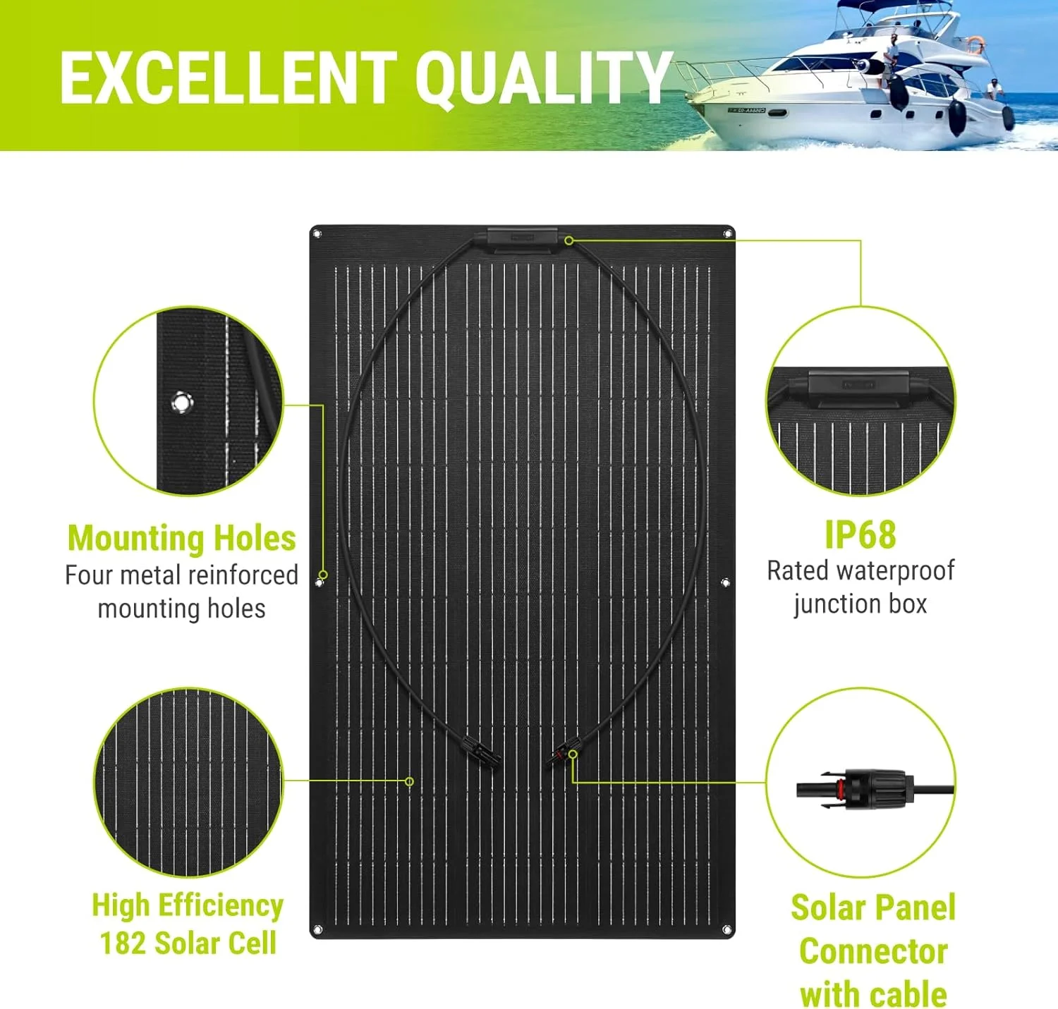 پنل خورشیدی انعطاف پذیر 100 وات Newpowa، قابل حمل و خم شو، 12 ولت، تک سلولی 10BB مونو برای سطوح ناهموار، کمپینگ دریایی، خانه، قایق، سطح RV، مشکی