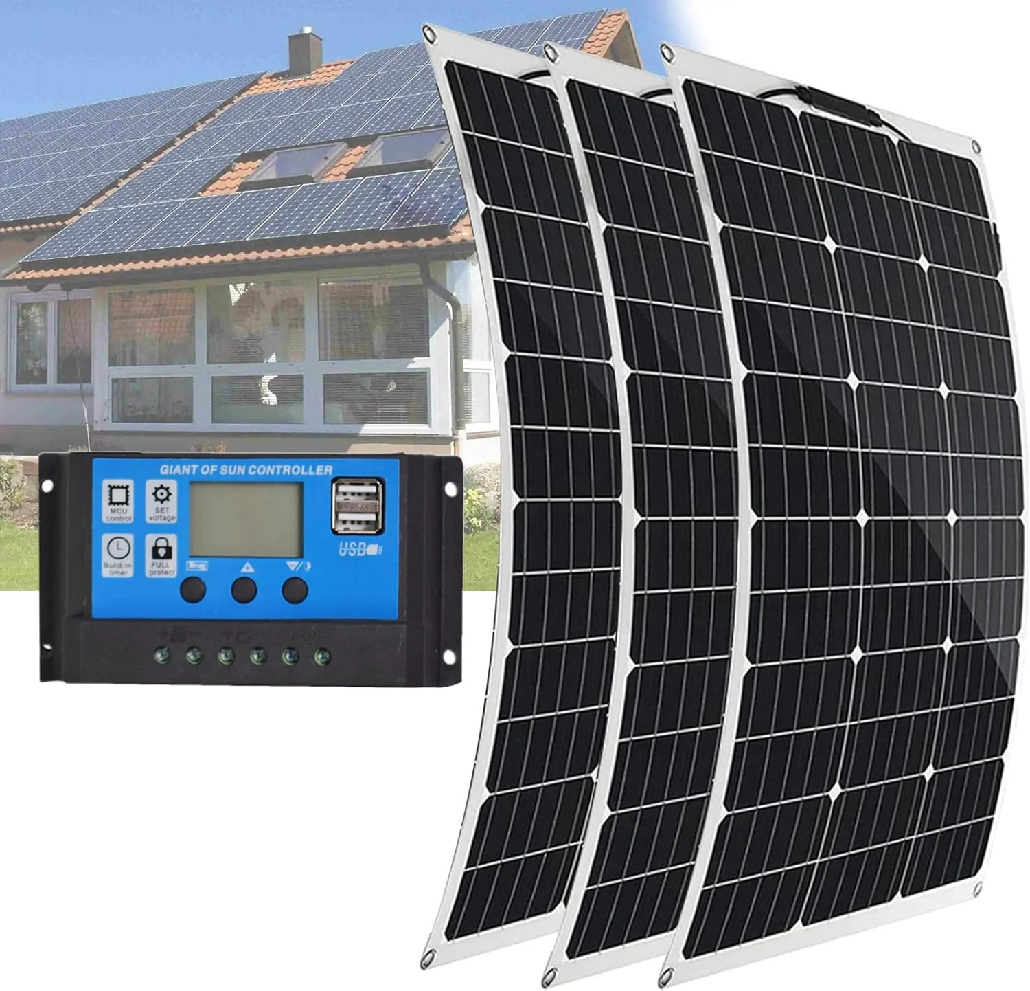 کیت پنل خورشیدی انعطاف پذیر LNNLAA (150W 300W 450W 600W)، با کنترلر 40A، نرخ تبدیل 21-23% / خمش 30 درجه، برای شارژ باتری 12 ولت، برای سقف/RV/قایق (اندازه: 77.5×50cm)، 450W