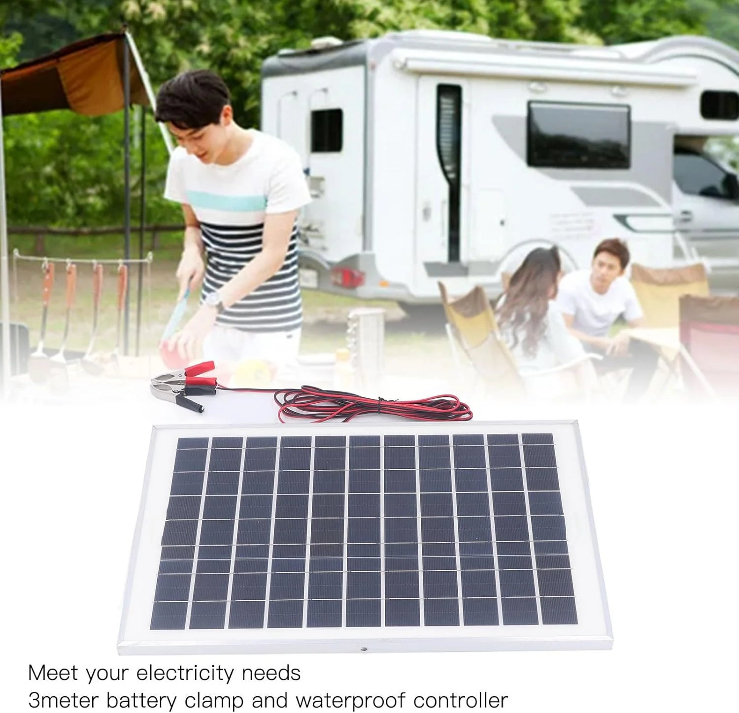 کیت پنل خورشیدی 50 وات 18 ولت، کیت پنل خورشیدی کارآمد 50 وات با کنترلر MPPT، پنل خورشیدی تک کریستالی با راندمان بالا به همراه گیره باتری 3 متری برای قایق و فضای باز