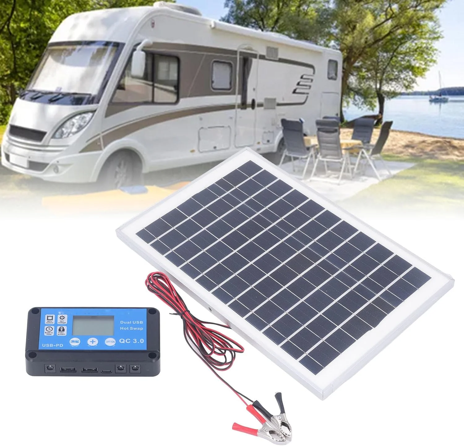 کیت پنل خورشیدی 50 وات 18 ولت، کیت پنل خورشیدی کارآمد 50 وات با کنترلر MPPT، پنل خورشیدی تک کریستالی با راندمان بالا به همراه گیره باتری 3 متری برای قایق و فضای باز