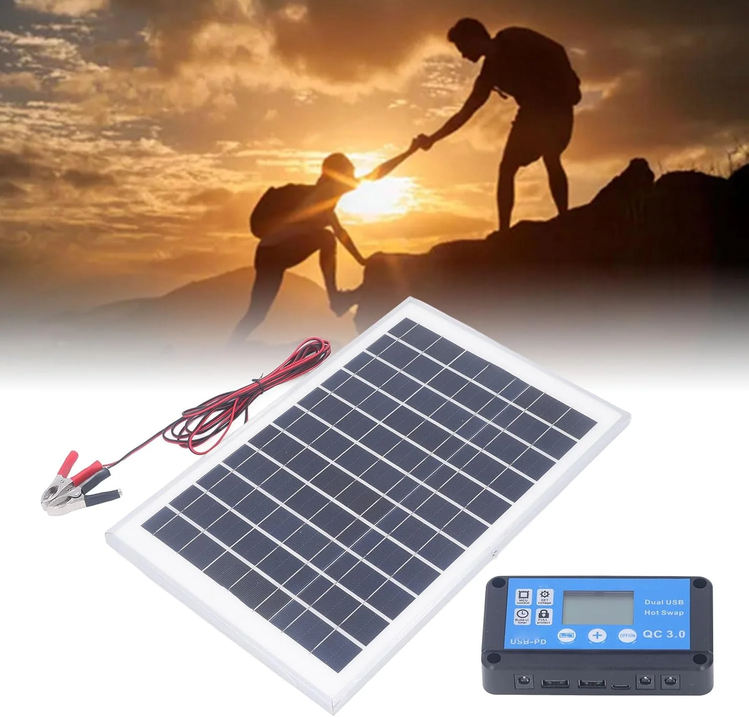 کیت پنل خورشیدی 50 وات 18 ولت، کیت پنل خورشیدی کارآمد 50 وات با کنترلر MPPT، پنل خورشیدی تک کریستالی با راندمان بالا به همراه گیره باتری 3 متری برای قایق و فضای باز