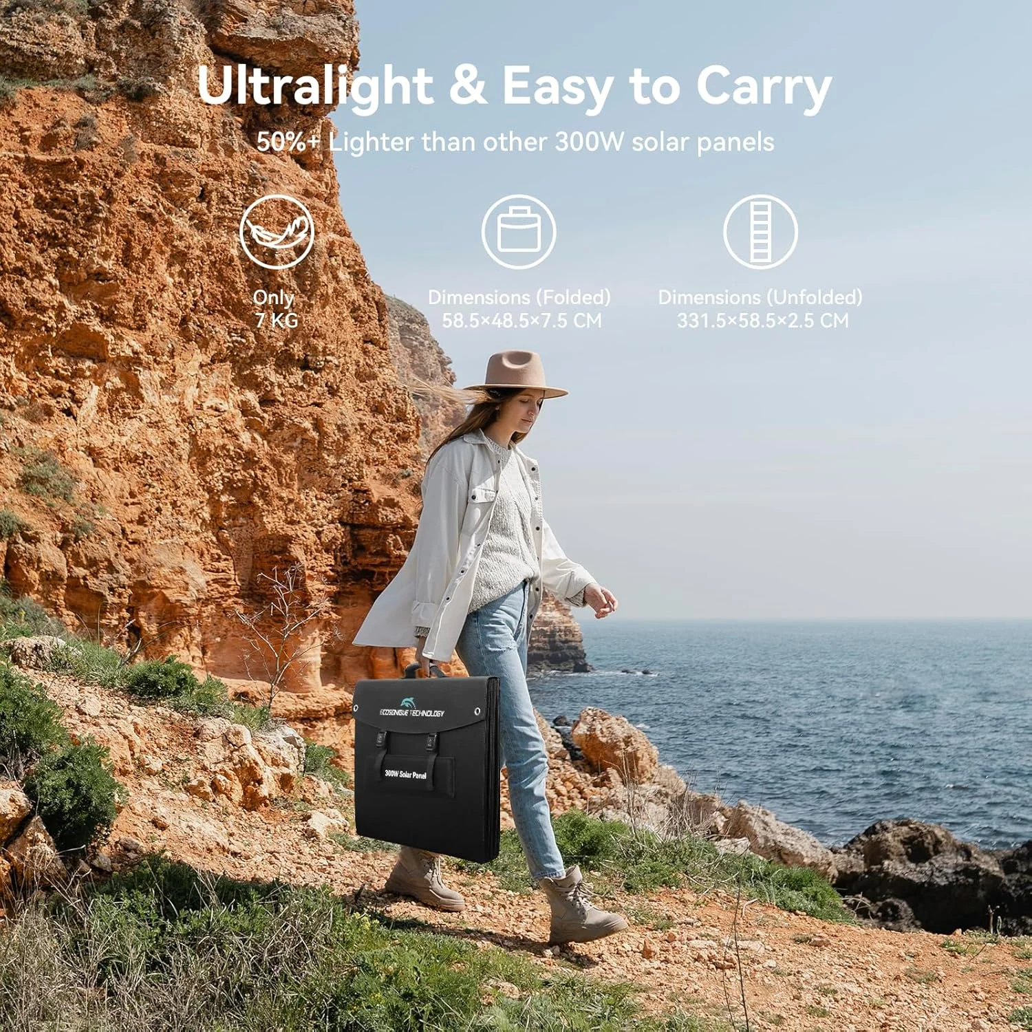 پنل خورشیدی قابل حمل 300 واتی Ecosonique برای اکثر ایستگاه‌های برق، تاشو و سبک با پایه‌های نگهدارنده، 40 ولت MC4 و خروجی چندگانه برای ژنراتورهای خورشیدی، RV، کمپینگ و استفاده در فضای باز
