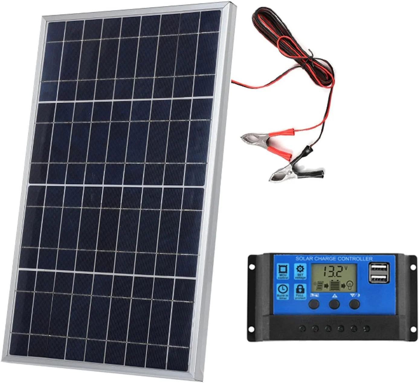 پنل خورشیدی 10 واتی Sorandy، پنل خورشیدی پلی کریستالین سیلیکونی با خروجی 12 ولت و کنترلر داخلی، برای کمپینگ، RV، فعالیت های فضای باز، شارژ باتری، سیستم خارج از شبکه