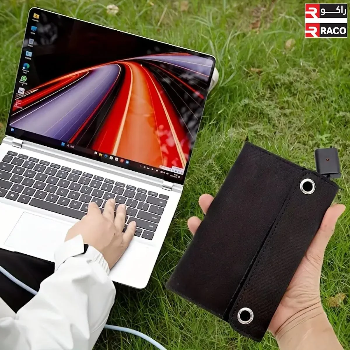 پنل شارژ خورشیدی تاشو 60 واتی RACO با خروجی USB، مناسب برای شارژ تلفن های همراه، پنکه های کمپینگ و سایر دستگاه ها در هنگام مسافرت یا کمپینگ در فضای باز