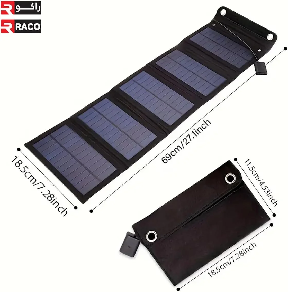 پنل شارژ خورشیدی تاشو 60 واتی RACO با خروجی USB، مناسب برای شارژ تلفن های همراه، پنکه های کمپینگ و سایر دستگاه ها در هنگام مسافرت یا کمپینگ در فضای باز