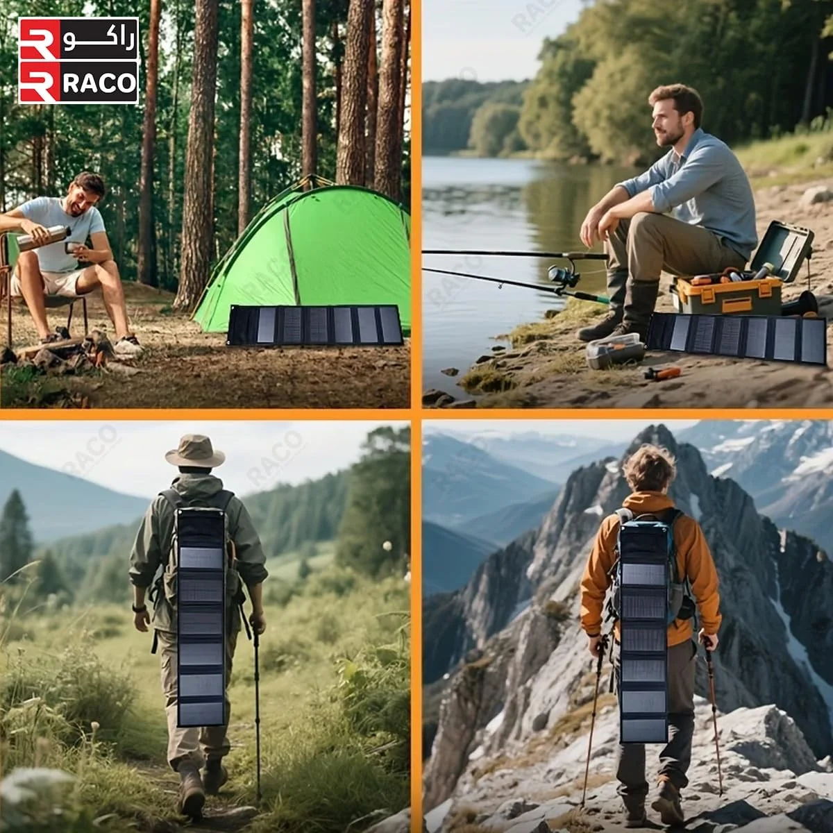 پنل شارژ خورشیدی تاشو 60 واتی RACO با خروجی USB، مناسب برای شارژ تلفن های همراه، پنکه های کمپینگ و سایر دستگاه ها در هنگام مسافرت یا کمپینگ در فضای باز