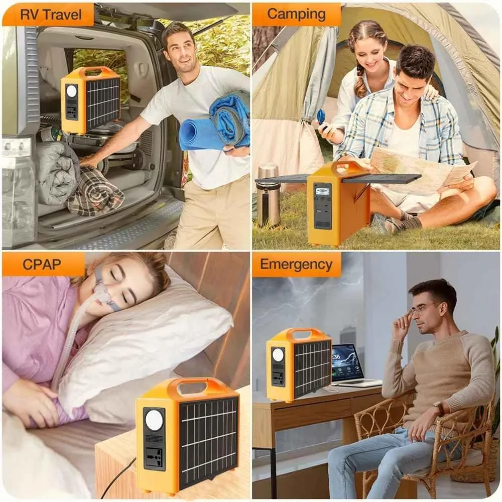 ایستگاه پاوربانک خورشیدی قابل حمل با پنل های دوتایی، صفحه نمایش LCD، منبع تغذیه جدید 220 ولت 110 ولت 100 وات خورشیدی، باتری قابل حمل LifePo4 برای کمپینگ در فضای باز با پنل خورشیدی، زرد