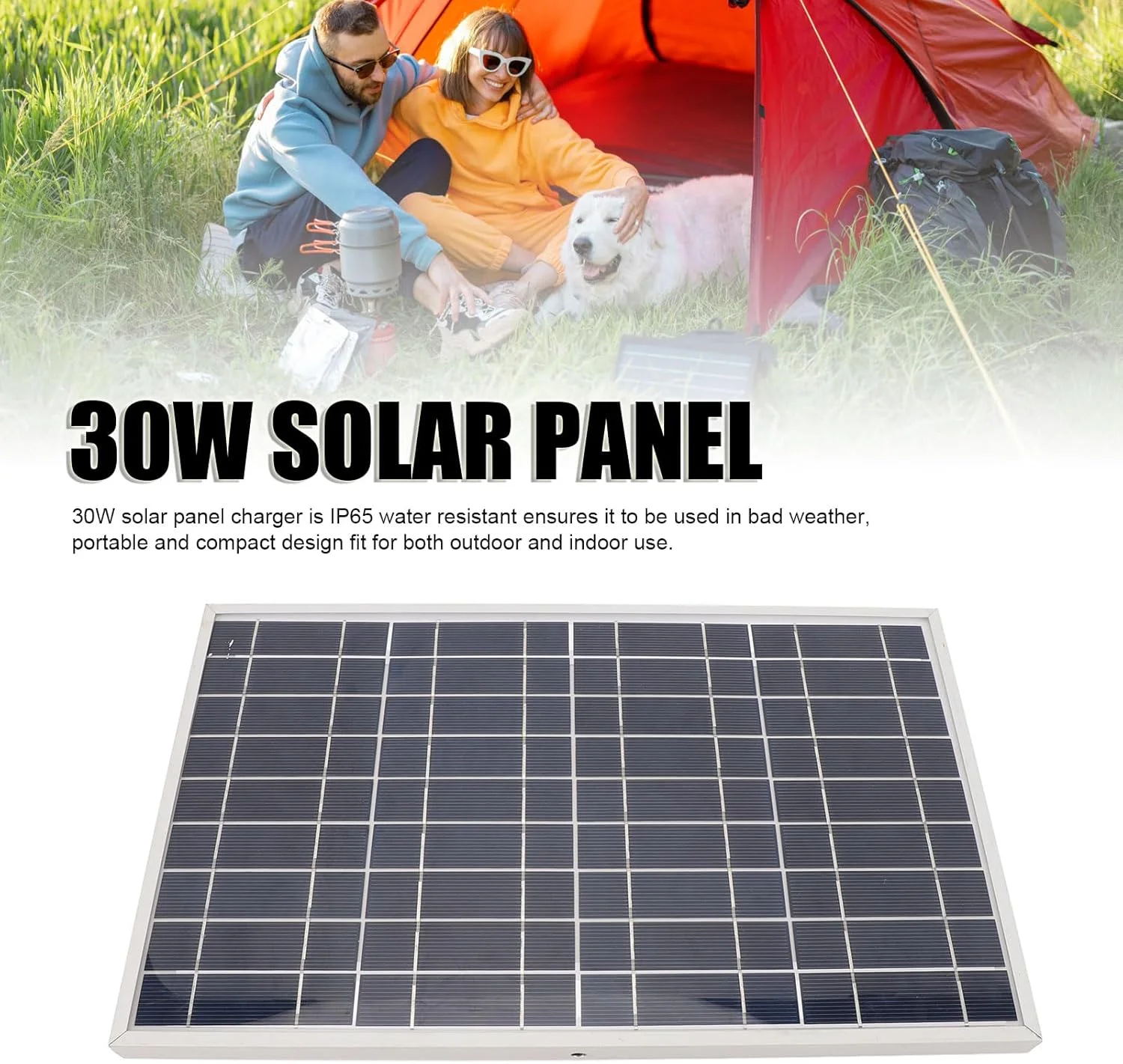 شارژر پنل خورشیدی 30 واتی با گیره، پنل خورشیدی با بازدهی بالا، سبک وزن و قابل حمل، مقاوم در برابر آب IP65 برای کمپینگ در فضای باز، مسافرت، پیک نیک، مواقع اضطراری در منزل