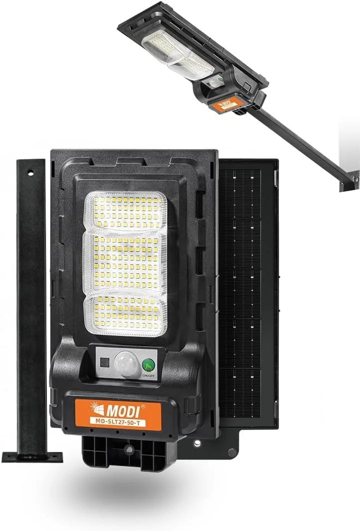 چراغ خورشیدی 50 وات با حسگر حرکتی | چراغ خیابانی ال ای دی سفید 6500K | ضد آب IP65 | باتری 5000mAh | کنترل خودکار روشن/خاموش برای حیاط، خیابان و منطقه تجاری